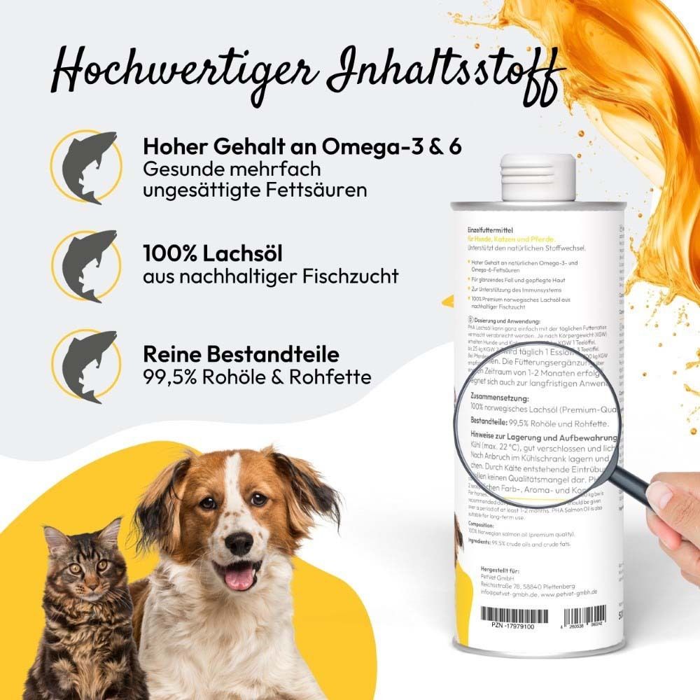 Flasche mit Lachsöl. Aufschrift: PHA Petvet Lachsöl. Text: Salmon oil for Dogs, Cats and horses. Hoher Gehalt an Omega-3 & 6. 100% Lachsöl.