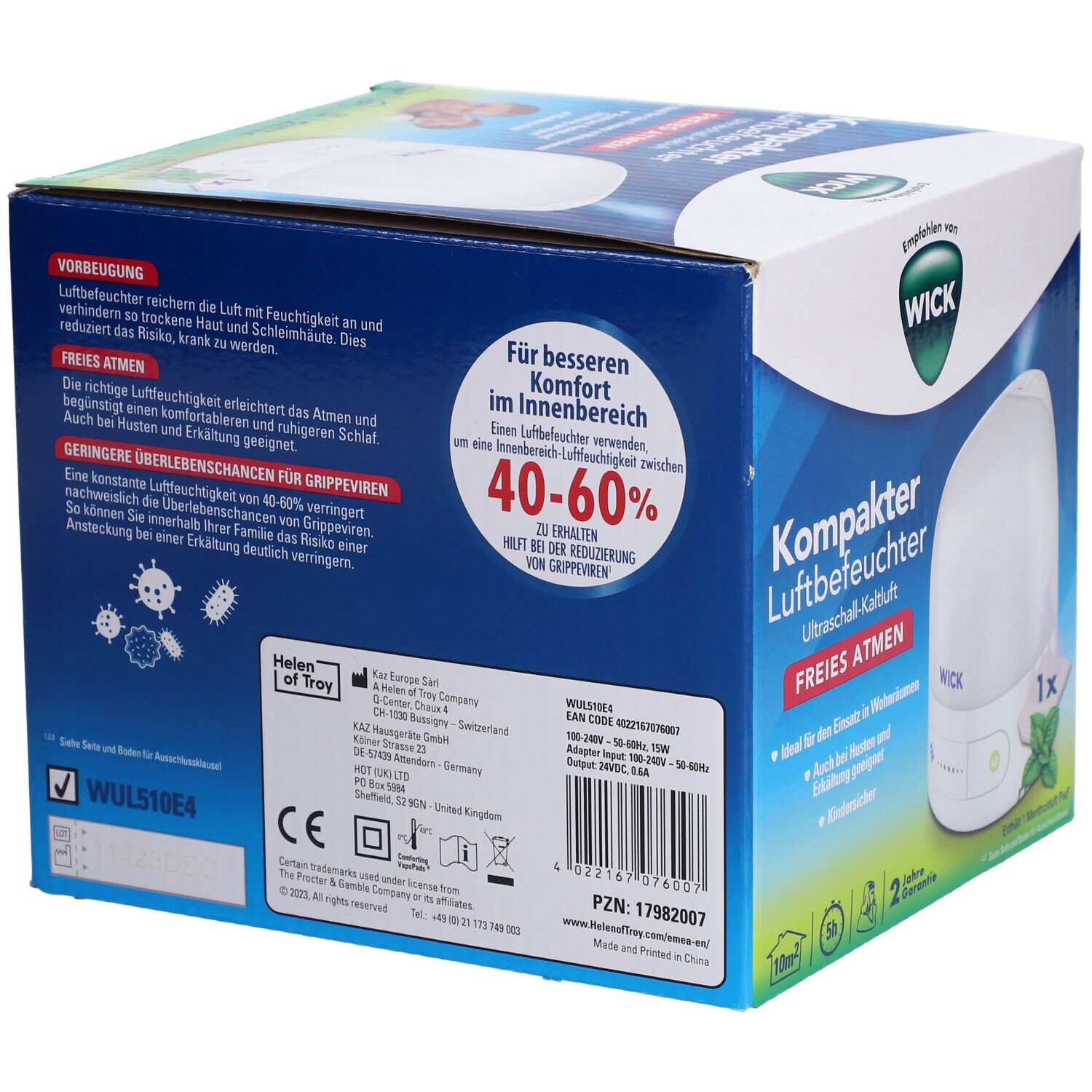 Verpackung des Luftbefeuchters. Rückseite mit Text und Produktabbildung. Marke WICK. Text: Freies Atmen, 40-60% Luftfeuchtigkeit.