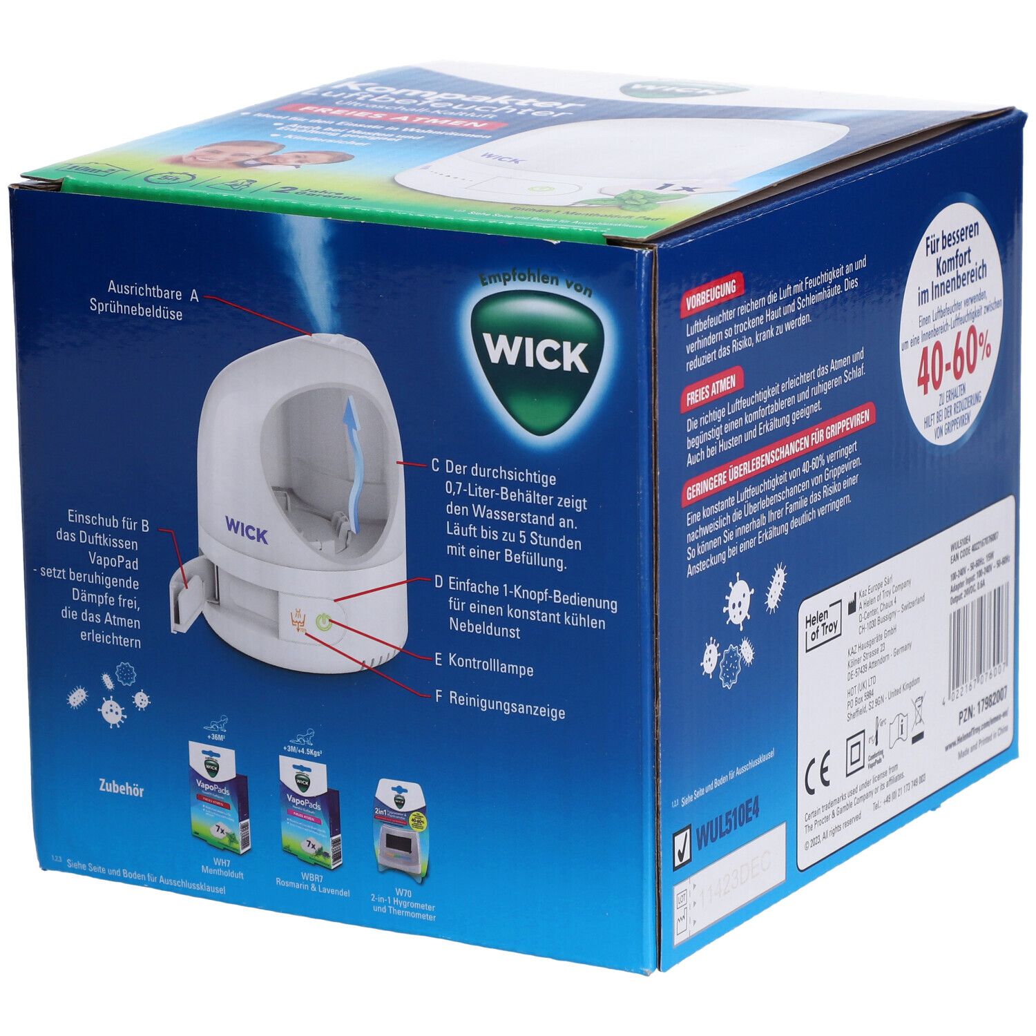 Verpackung des Luftbefeuchters. Produktabbildung mit Funktionserklärung. Marke WICK. Text: Freies Atmen, 40-60% Luftfeuchtigkeit.