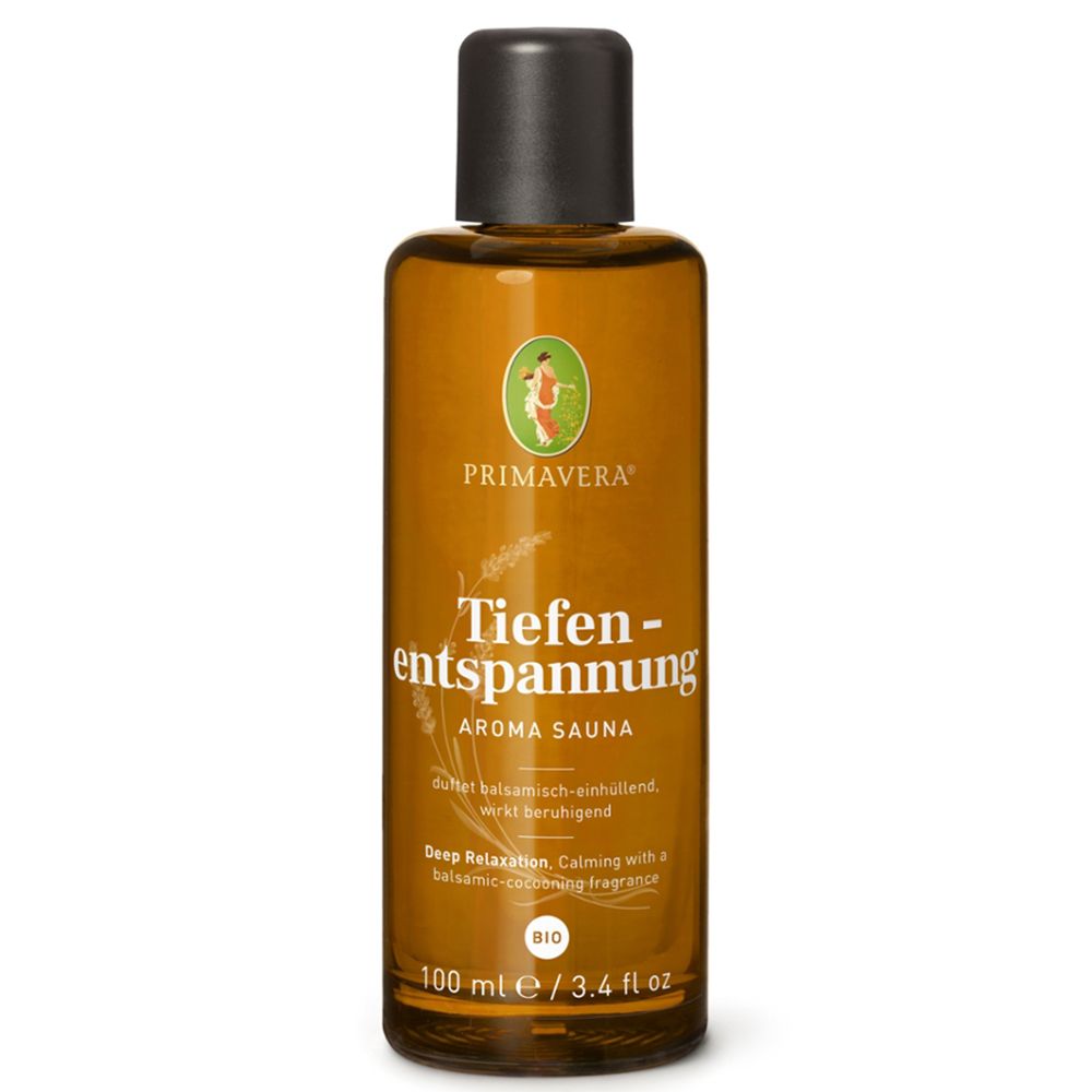Braune Glasflasche mit schwarzem Deckel. Aufschrift: Primavera Tiefenentspannung Aroma Sauna bio. 100 ml.