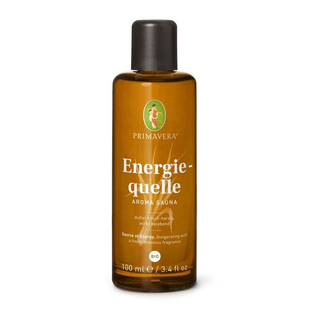 Flacon en verre brun avec bouchon noir. Inscription : Energiequelle Aroma Sauna. Certification bio.