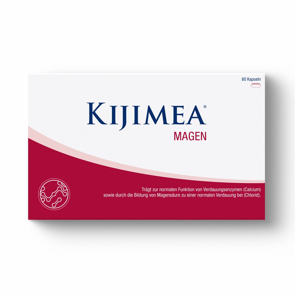 Weiße Schachtel mit rotem Streifen. KIJIMEA® Magen-Logo und Produktbezeichnung. 80 Kapseln. Text zur Funktion von Verdauungsenzymen.