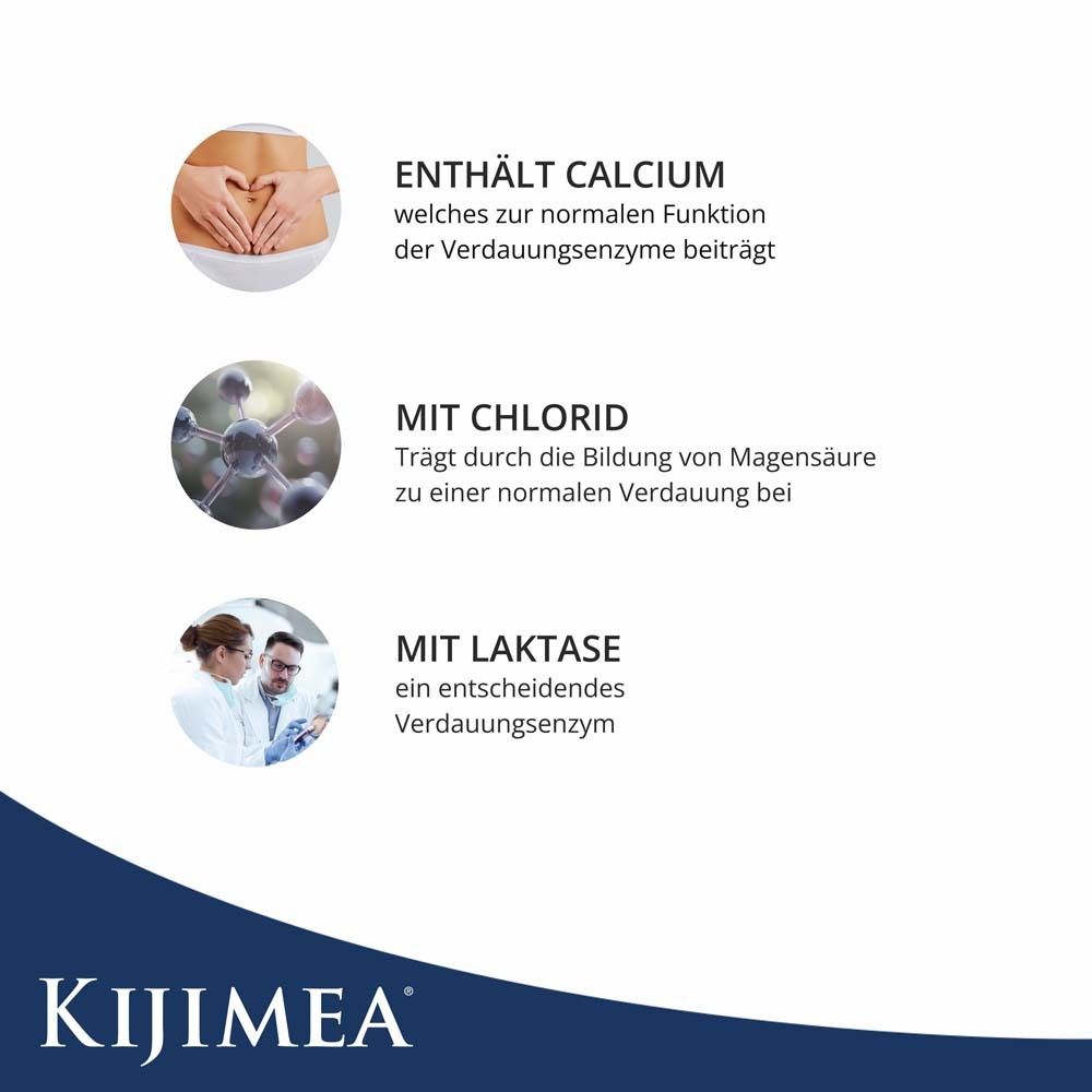 Graphique avec trois cercles. Contient du calcium, du chlorure et de la lactase. Logo KIJIMEA® en bas.