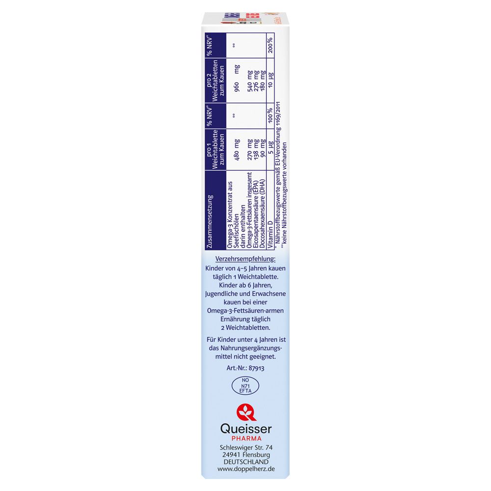 Côté de la boîte Doppelherz system OMEGA-3 GEL-TABS Family. Informations textuelles. Contient des informations sur les ingrédients et l'utilisation.