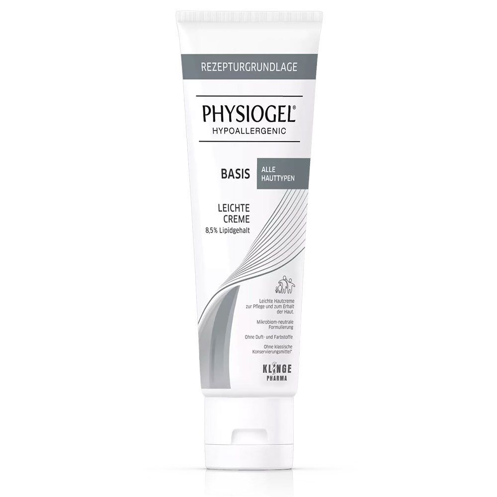 Weiße Tube mit Aufschrift PHYSIOGEL, BASIS, LEICHTE CREME. Enthält 8,5% Lipid. Für alle Hauttypen.