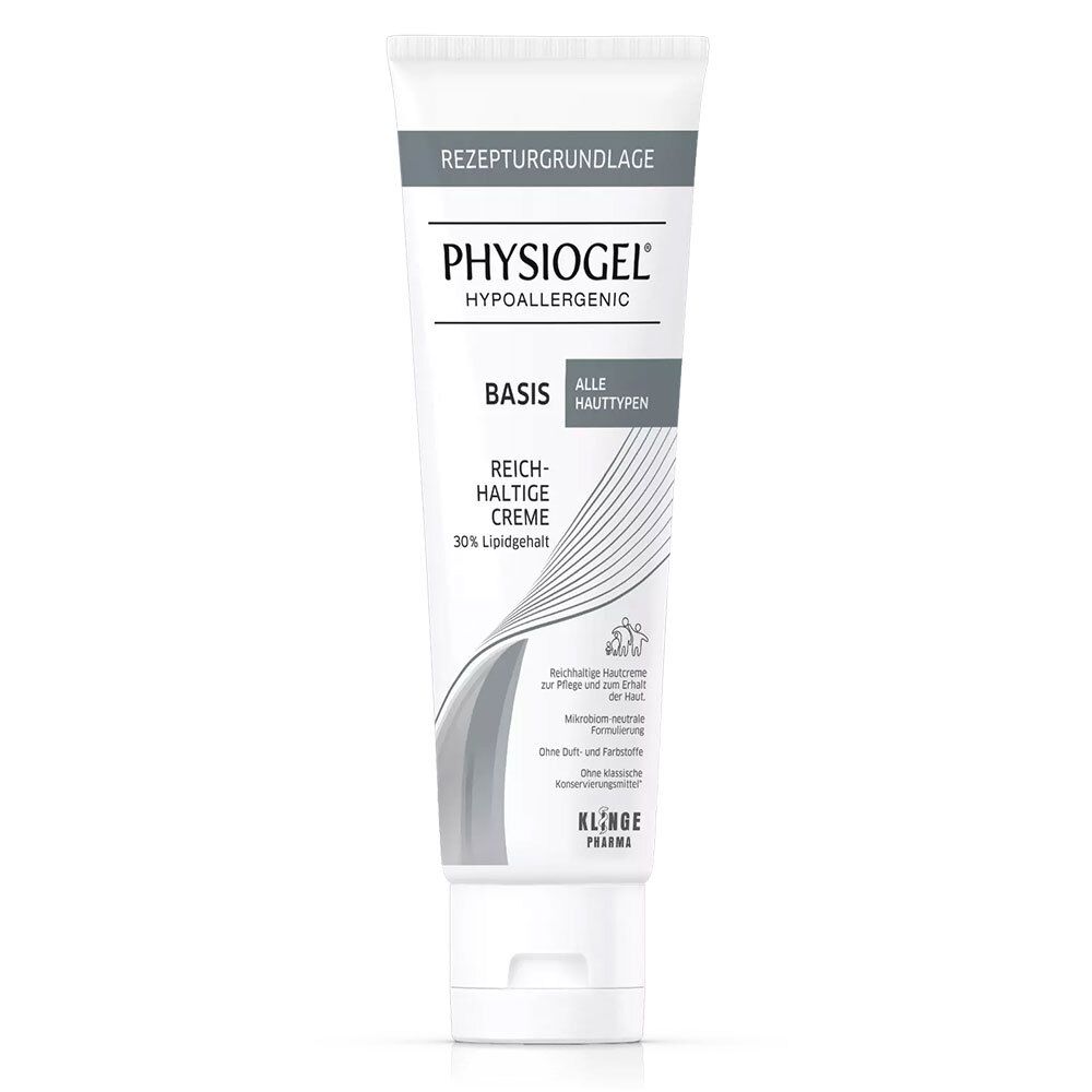Tube de crème PHYSIOGEL® REICHHALTIGE CREME. Blanc, avec des accents gris et du texte. Nom du produit et logo visibles.