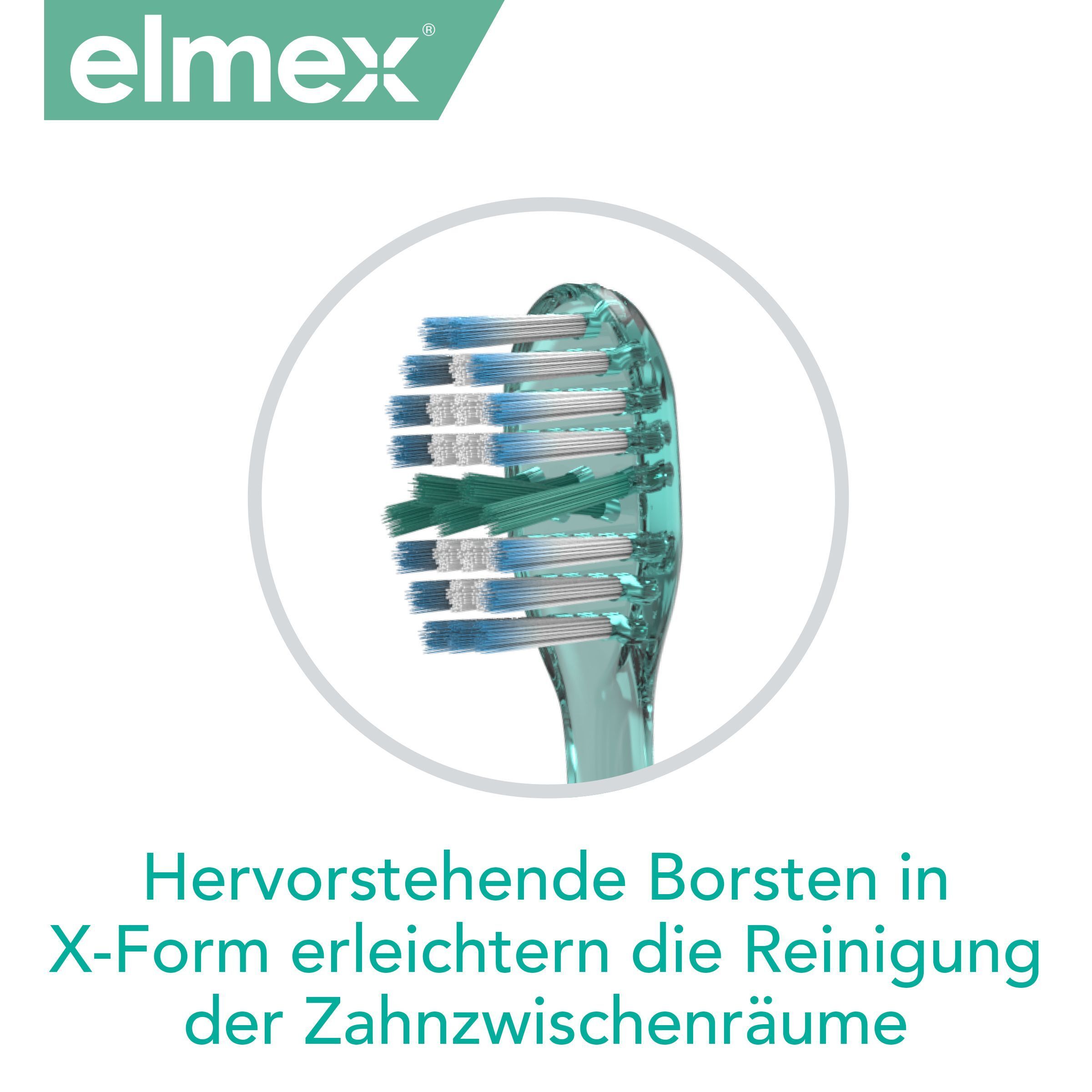 Nahaufnahme der Borsten einer Zahnbürste. Text: Hervorstehende Borsten in X-Form erleichtern die Reinigung der Zahnzwischenräume.