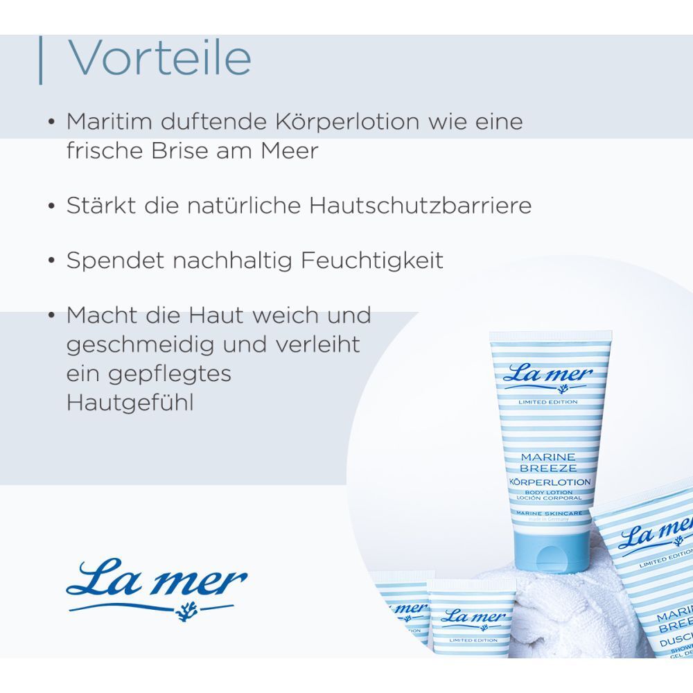 Texte avec avantages : Lotion pour le corps parfumée maritime, renforce la barrière cutanée, hydrate, adoucit la peau. Produits La mer.