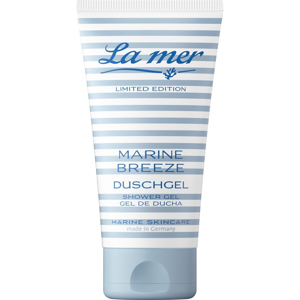 Tube mit blau-weiß gestreiftem Design. Aufschrift: La mer, Marine Breeze Duschgel, Limited Edition. Blaue Kappe.