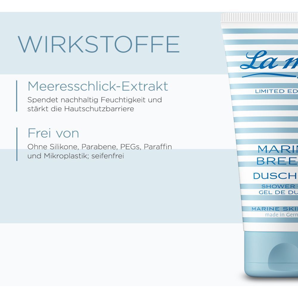 Text mit Inhaltsstoffangaben. Meeresschlick-Extrakt. Frei von Silikonen, Parabenen, PEGs, Paraffin und Mikroplastik.