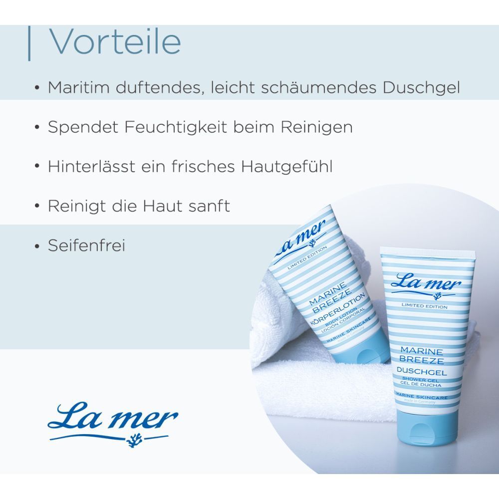 Text mit Vorteilen des Duschgels. Maritim duftend, leicht schäumend, spendet Feuchtigkeit, hinterlässt ein frisches Hautgefühl, seifenfrei.