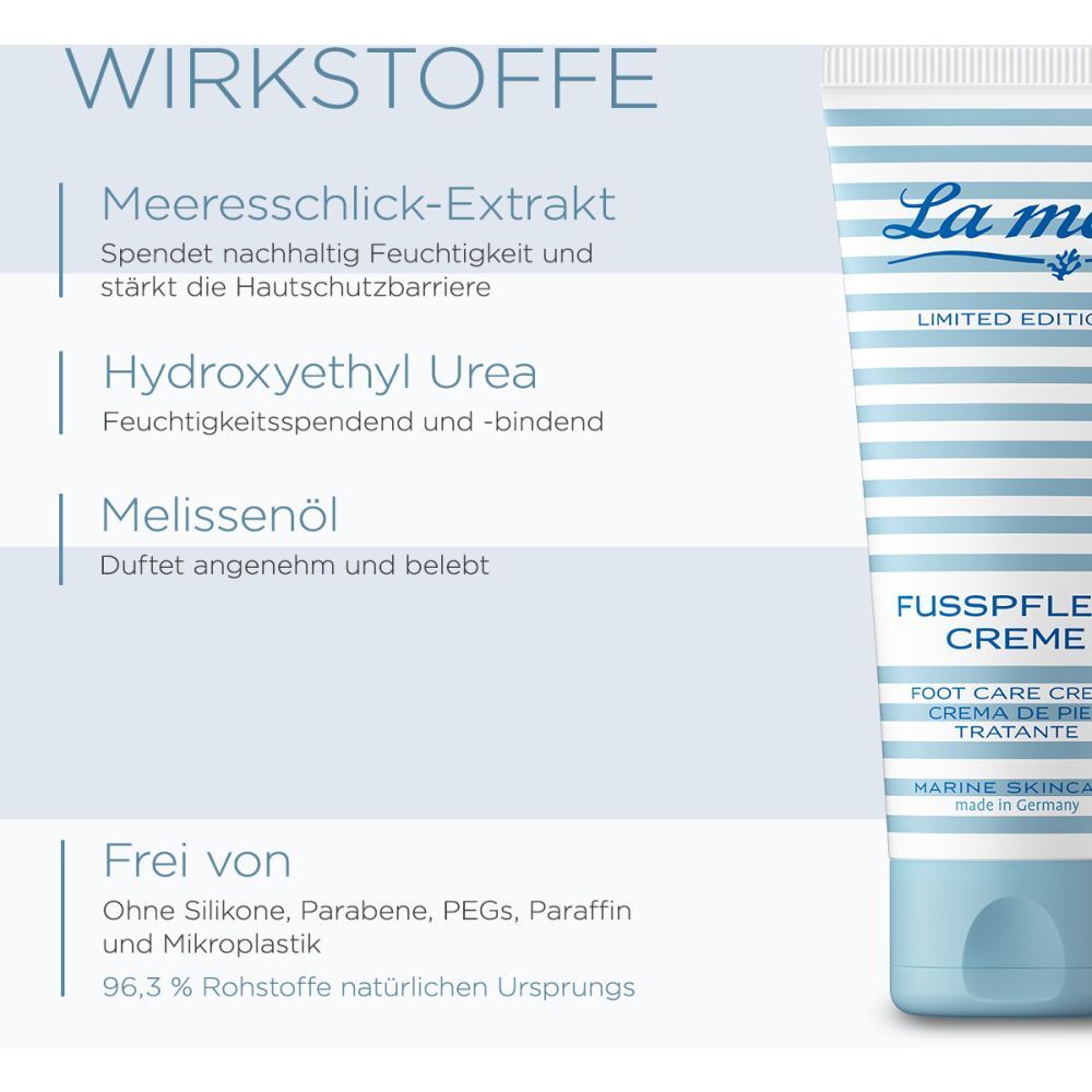 Produktabbildung mit Text. Enthält Meeresschlick-Extrakt, Hydroxyethyl Urea, Melissenöl. Frei von Silikonen, Parabenen, PEGs, Paraffin.