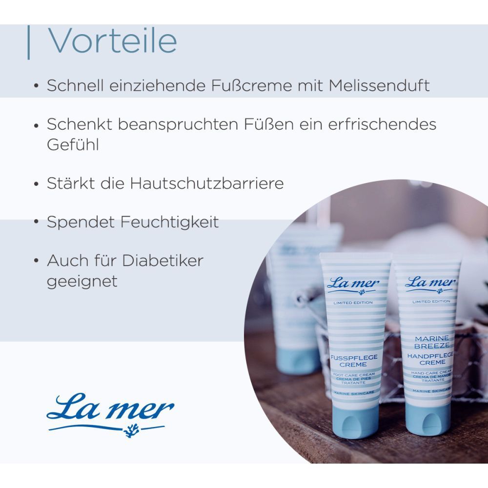 Produktvorteile: Schnell einziehende Fußcreme mit Melissenduft, erfrischendes Gefühl, stärkt Hautschutzbarriere, spendet Feuchtigkeit. Auch für Diabetiker.