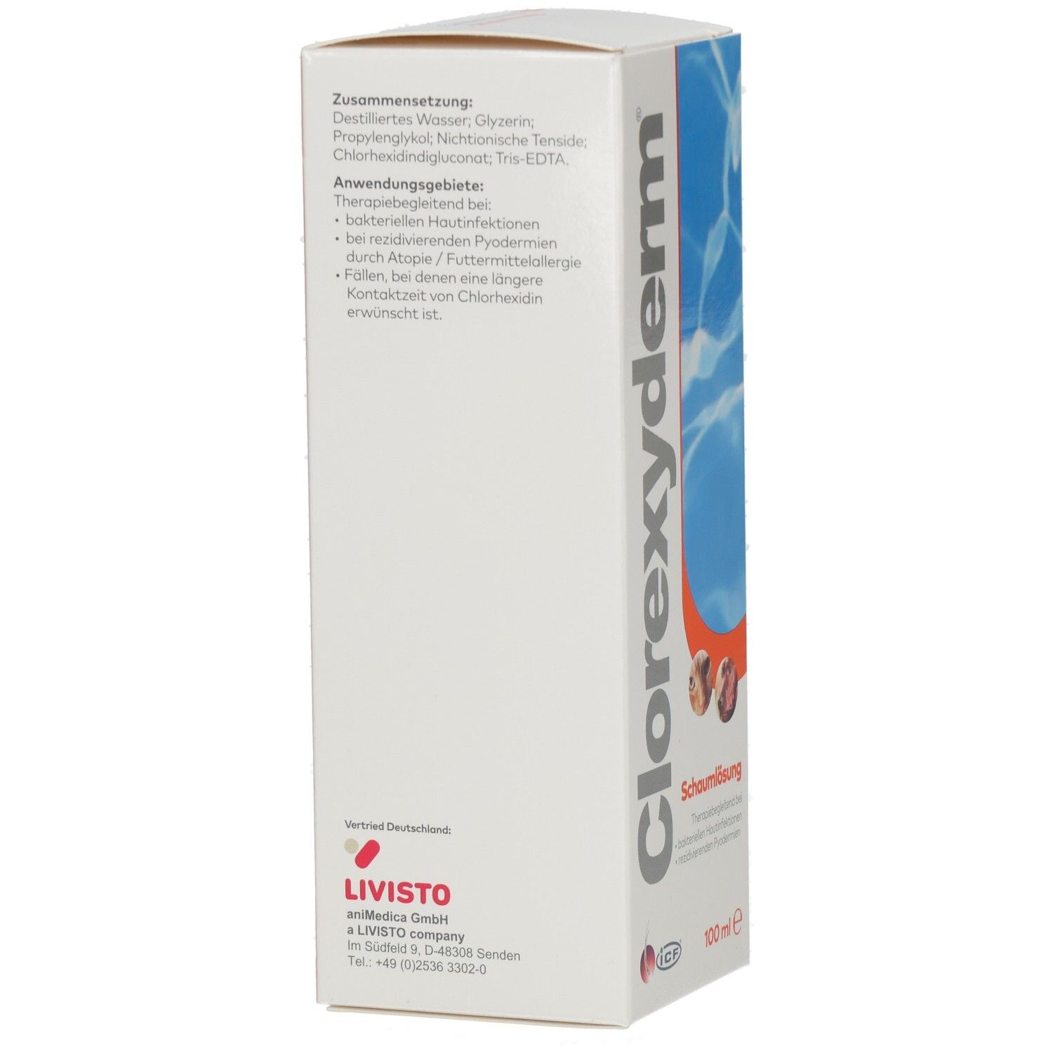 Rückseite der Clorexyderm Schaumlösung-Verpackung. Text über Inhaltsstoffe und Anwendungsgebiete. LIVISTO Logo.