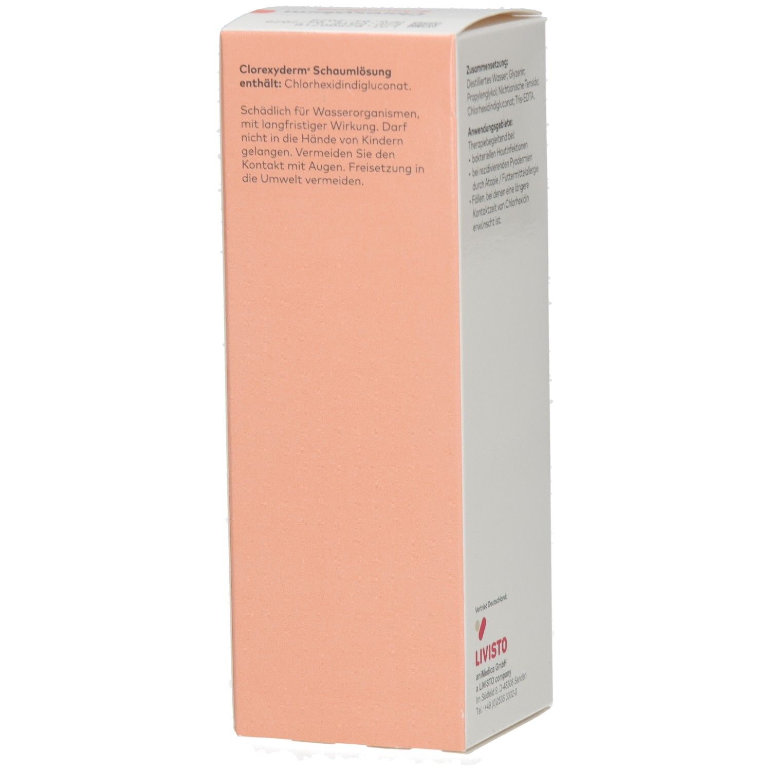 Seite der Clorexyderm Schaumlösung-Verpackung. Text über Warnhinweise. LIVISTO Logo.