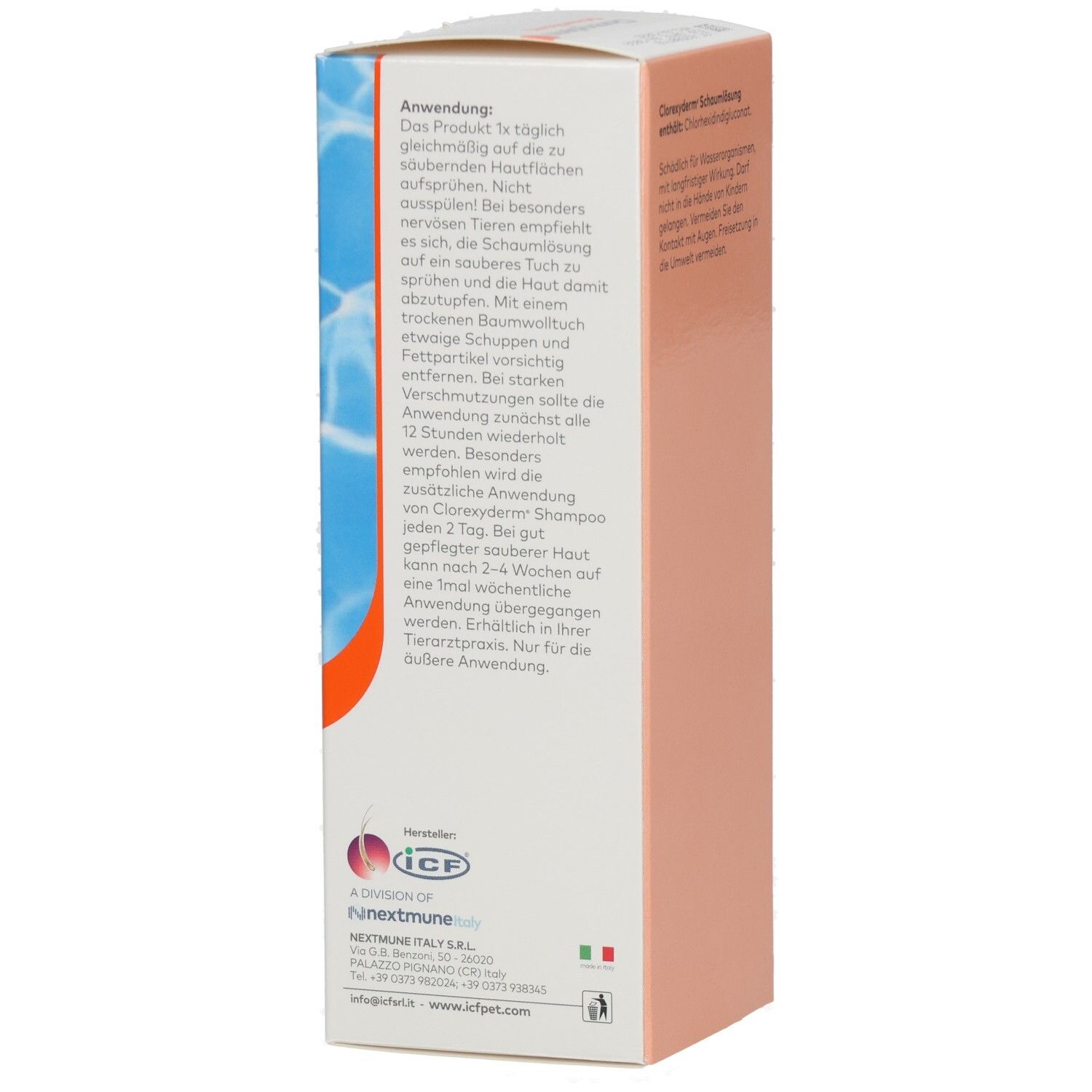 Seite der Clorexyderm Schaumlösung-Verpackung. Text über Anwendung. ICP Logo.