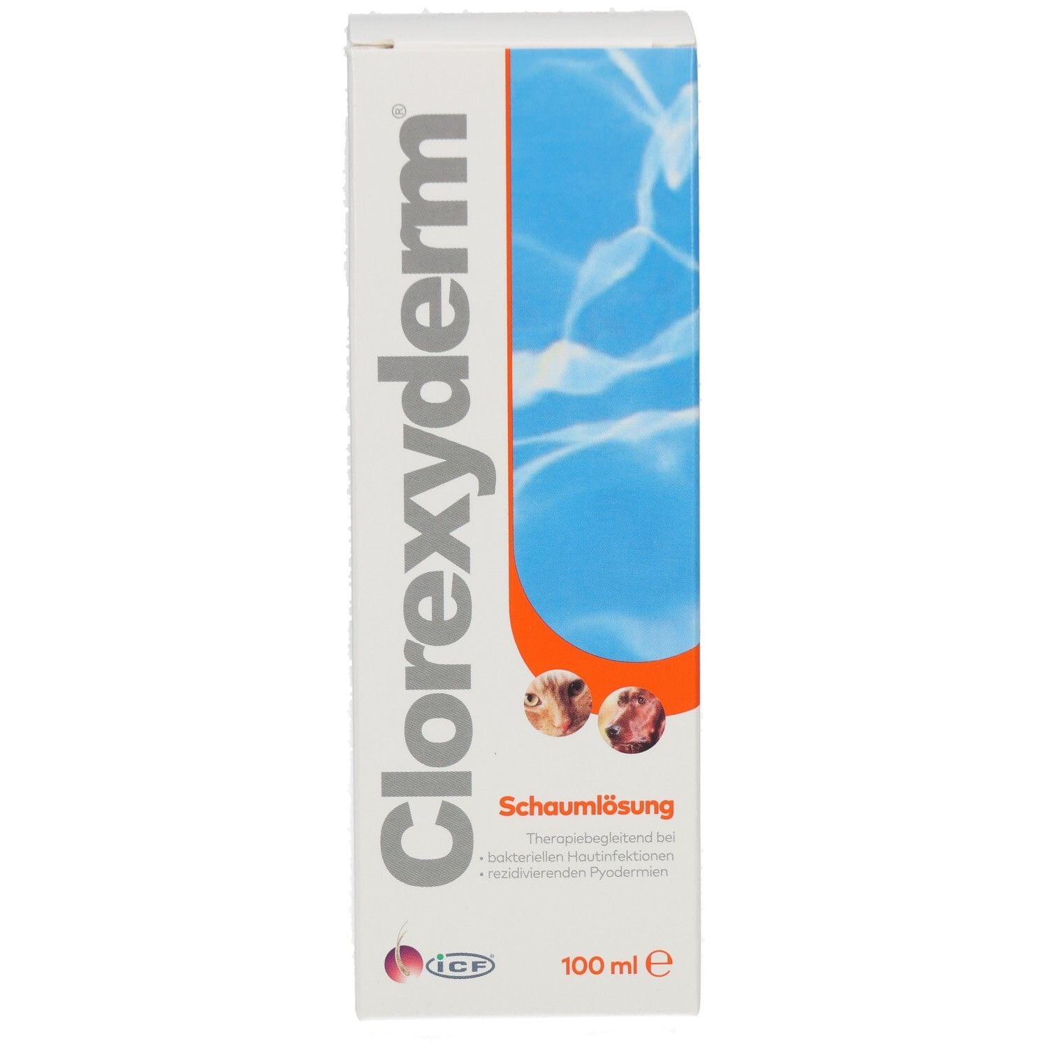 Weiße Schachtel mit Clorexyderm Schaumlösung. Blaue Grafik. Text und Logo von ICP. 100 ml.