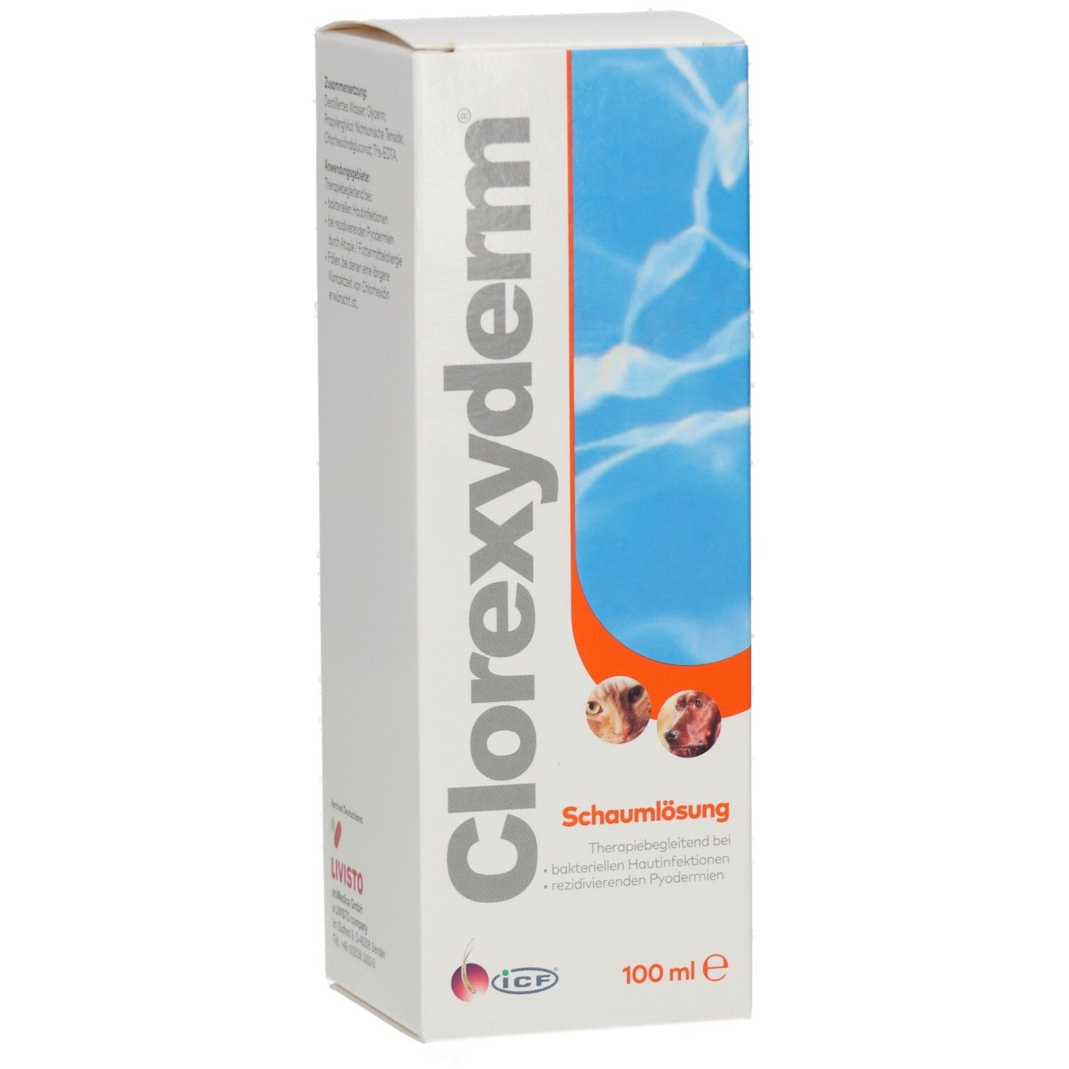 Weiße Schachtel mit Clorexyderm Schaumlösung. Blaue Grafik. Text und Logo von ICP. 100 ml.
