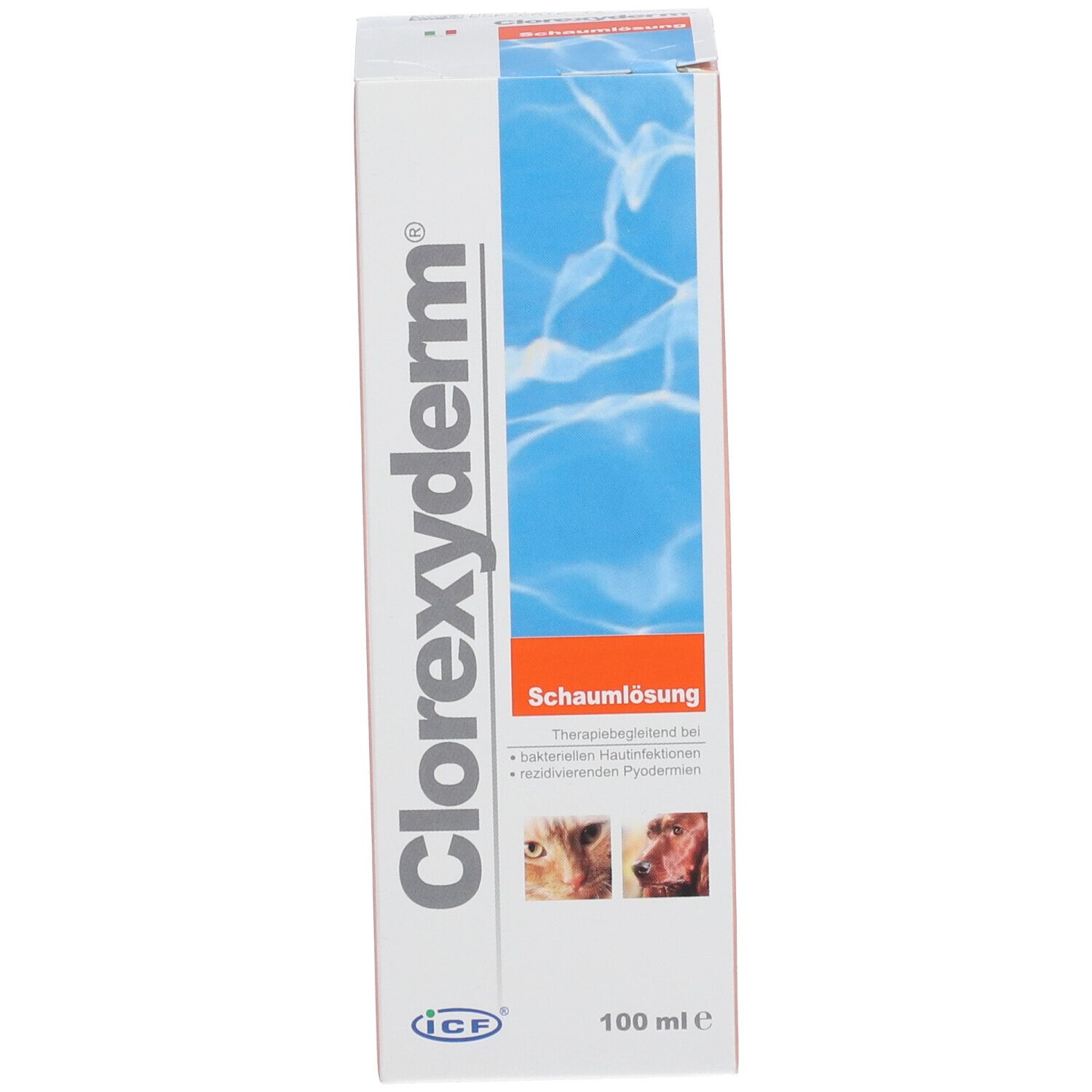 Weiße Schachtel mit Clorexyderm Schaumlösung. Blaue Grafik. Text und Logo von ICP. 100 ml.