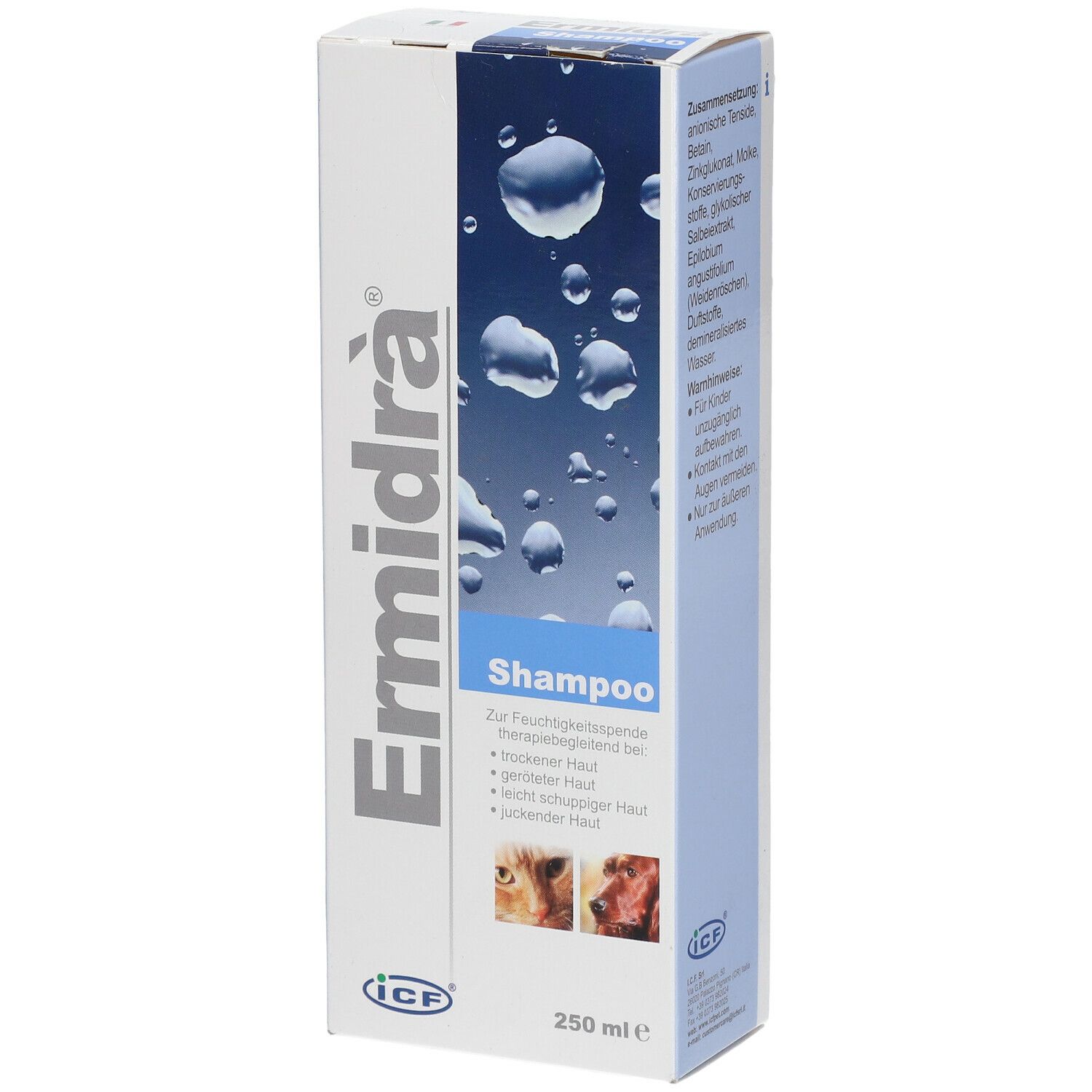 Ermidra® Shampoo-Verpackung. Blaue und weiße Schachtel mit Produktnamen und Shampoo-Bezeichnung. 250 ml.