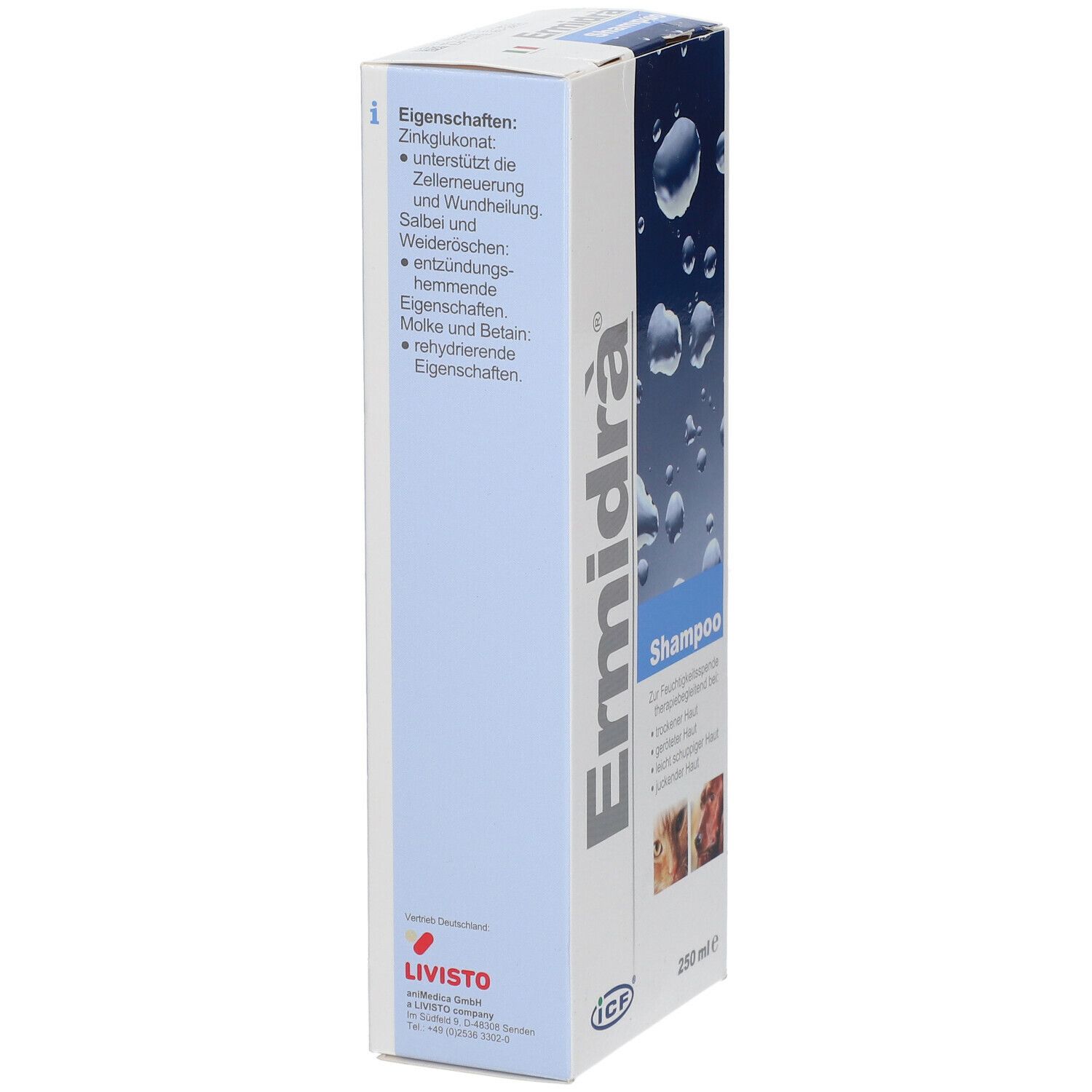 Ermidra® Shampoo-Verpackung. Blaue und weiße Schachtel mit Produktnamen und Eigenschaften. Enthält Zinkglukonat.