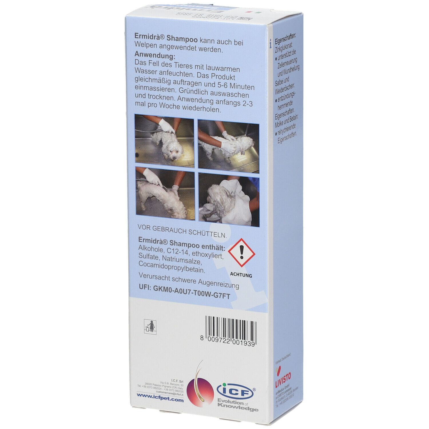Rückseite der Ermidra® Shampoo-Verpackung. Enthält Anwendungsanweisungen und Warnhinweise. Enthält Alkohol.