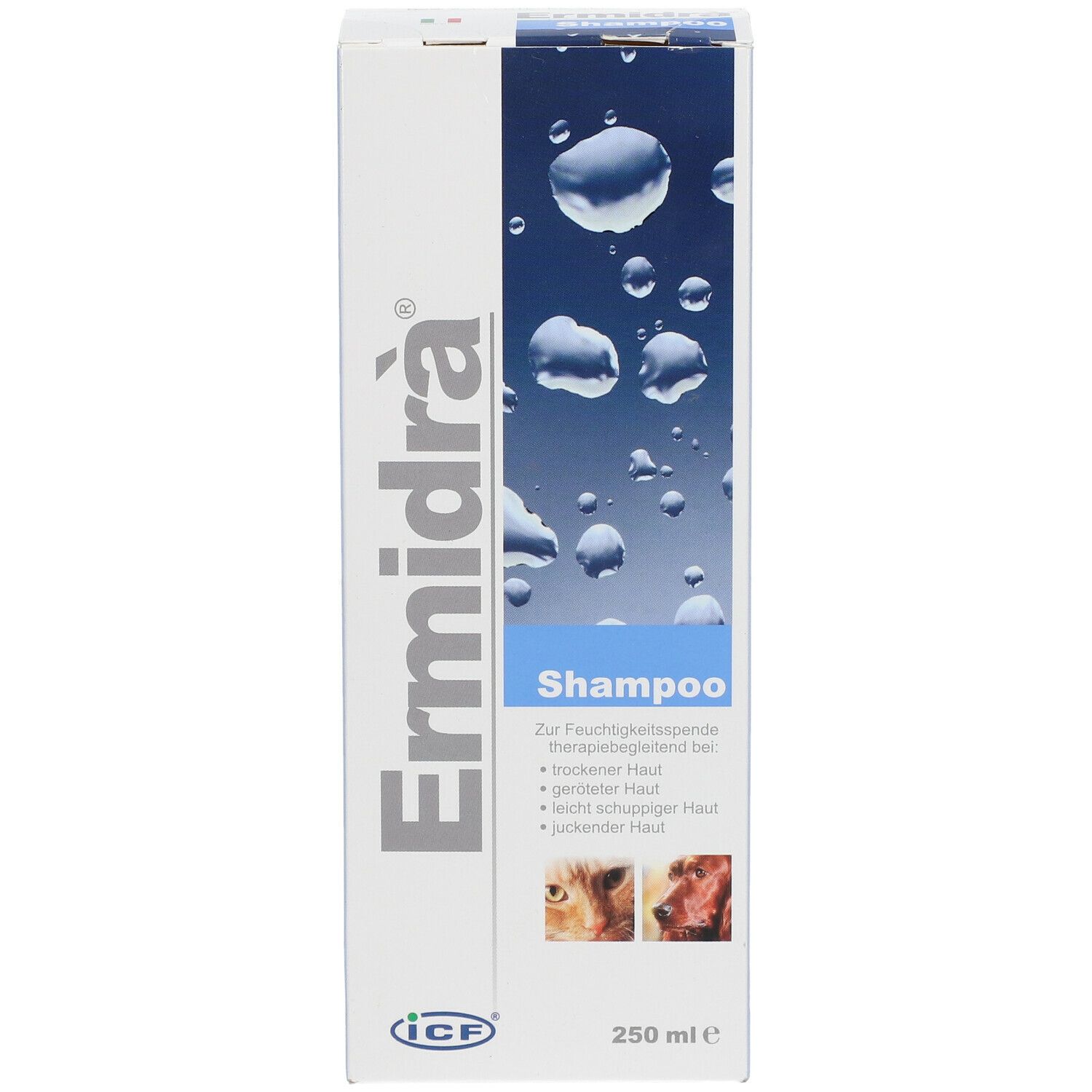 Ermidra® Shampoo-Verpackung. Blaue und weiße Schachtel mit Produktnamen und Shampoo-Bezeichnung. 250 ml.