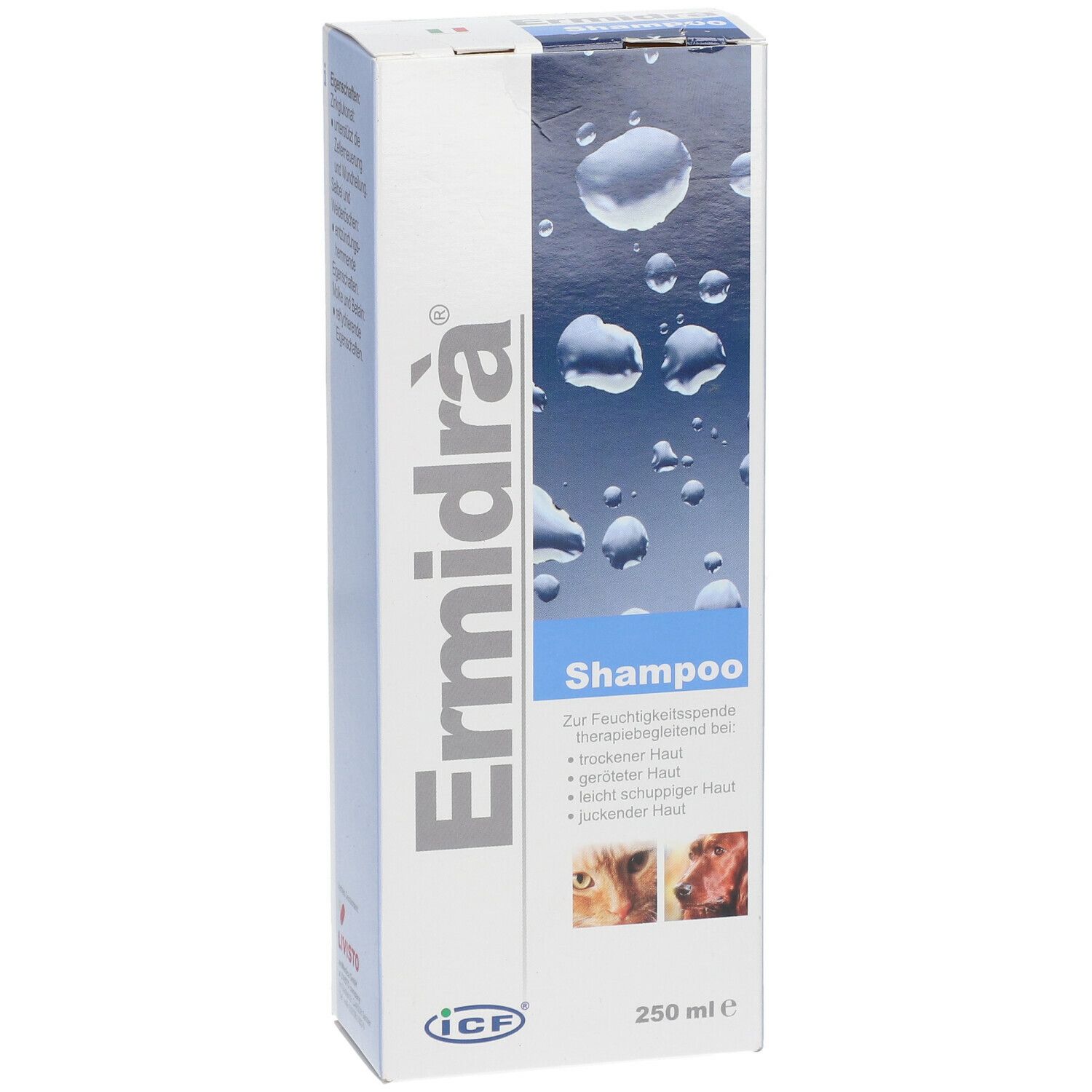 Ermidra® Shampoo-Verpackung. Blaue und weiße Schachtel mit Produktnamen und Shampoo-Bezeichnung. 250 ml.