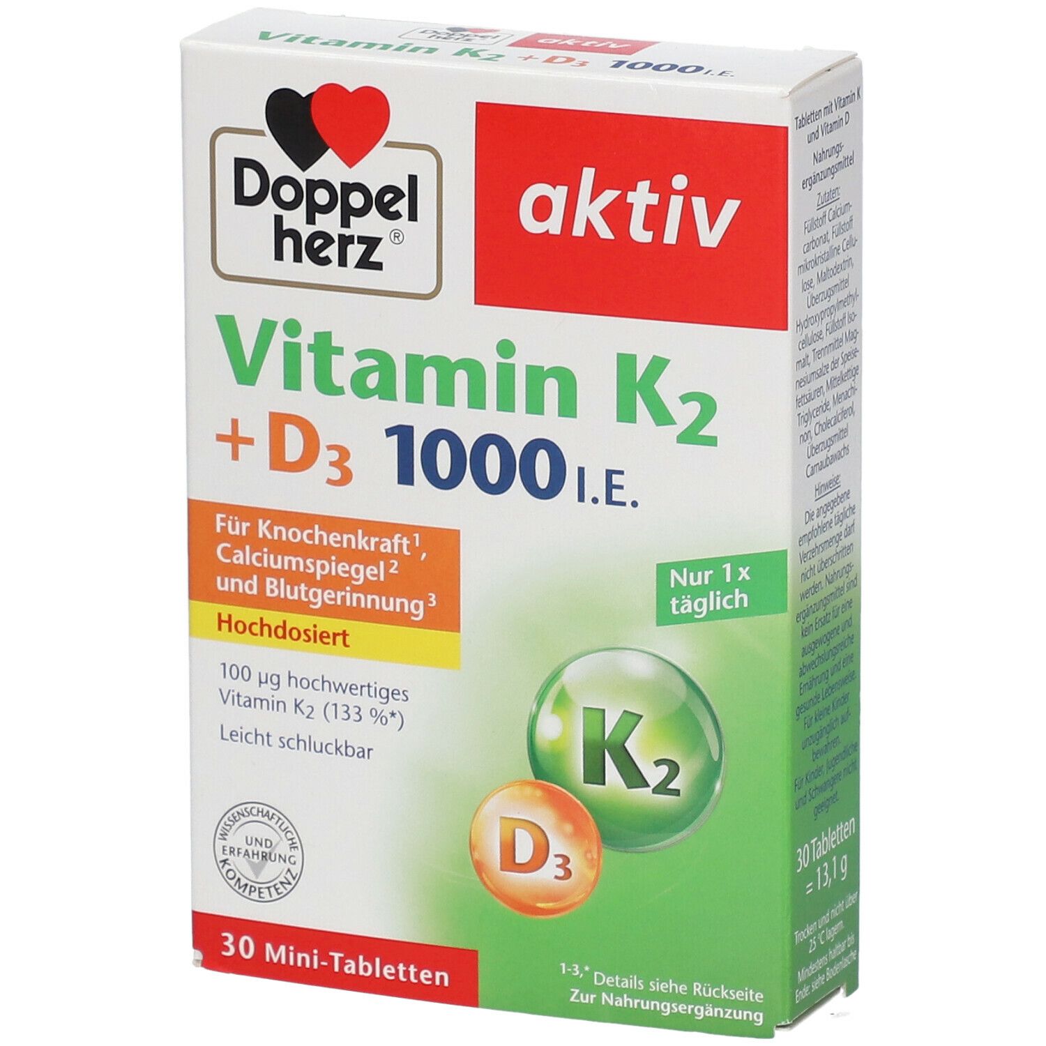 Boîte de Doppelherz aktiv Vitamine K2 + D3 1000 I.E. avec informations sur le produit. 30 mini-comprimés.