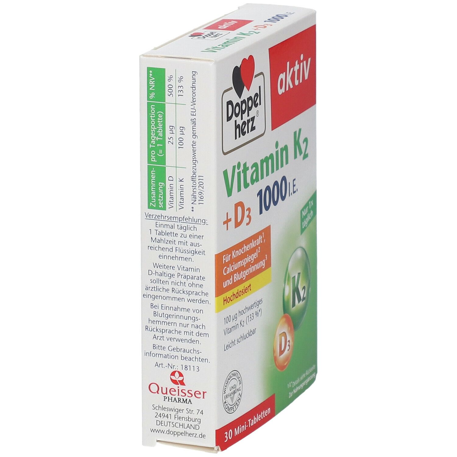 Vue latérale de la boîte Doppelherz aktiv Vitamine K2 + D3 1000 I.E. avec ingrédients et dosage.