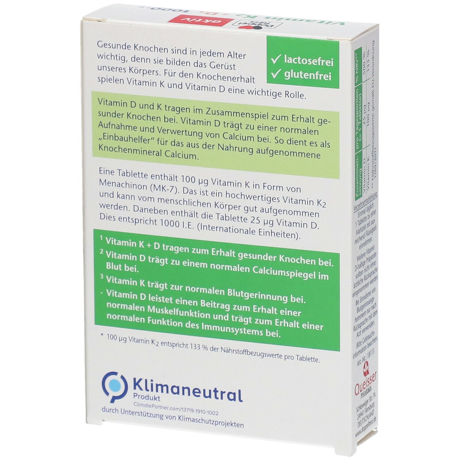 Dos de la boîte Doppelherz aktiv Vitamine K2 + D3 1000 I.E. avec informations sur la santé osseuse.