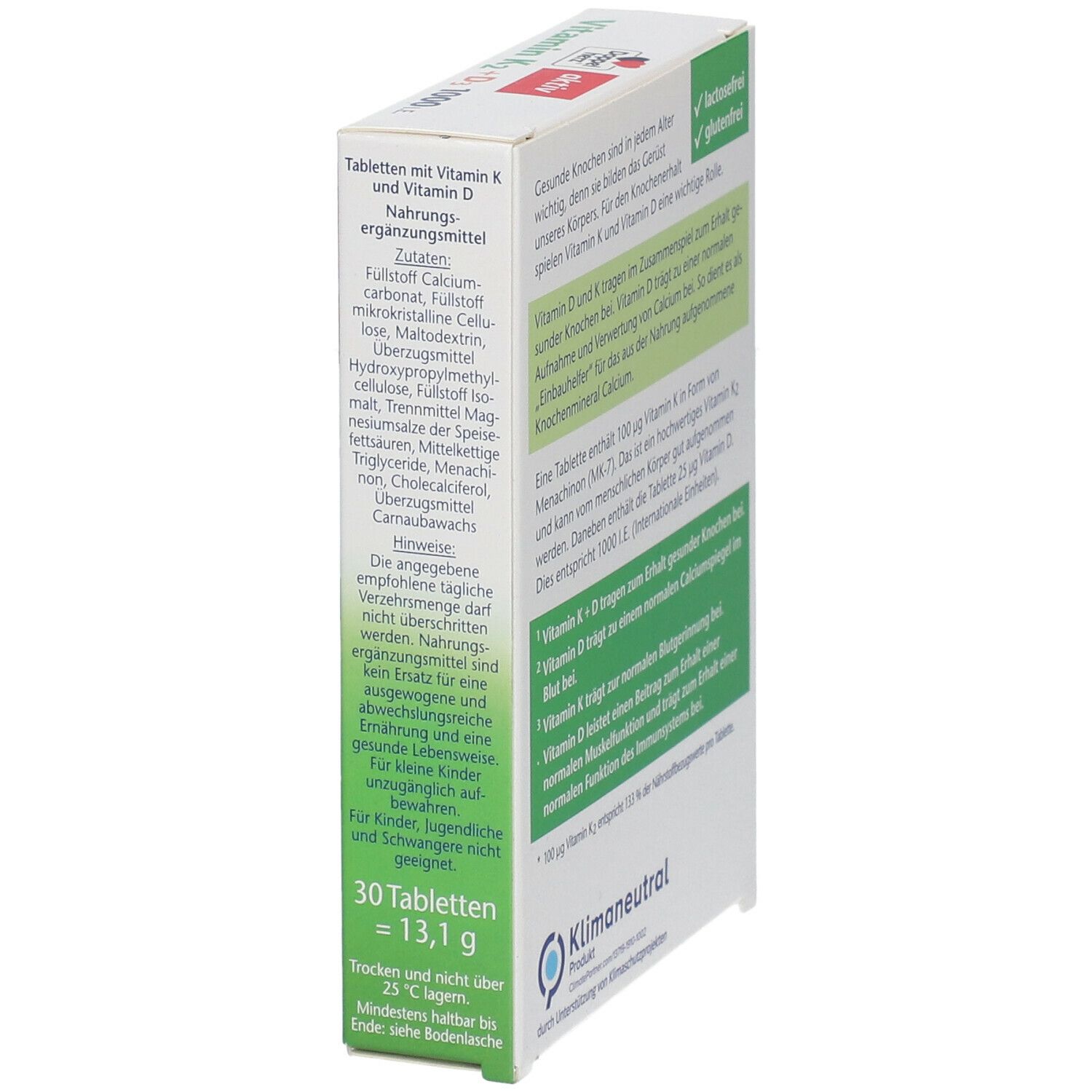 Vue latérale de la boîte Doppelherz aktiv Vitamine K2 + D3 1000 I.E. avec ingrédients et avertissements.