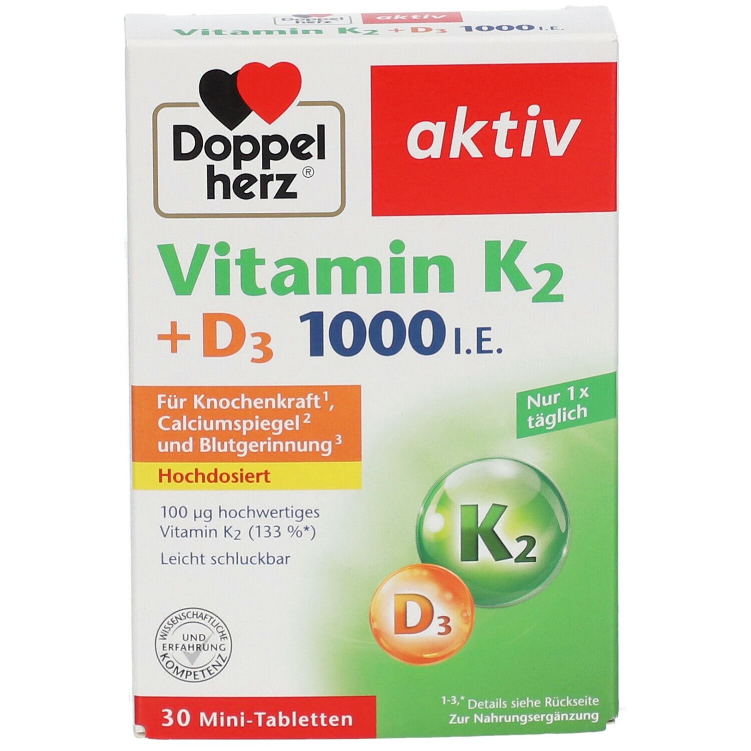 Boîte de Doppelherz aktiv Vitamine K2 + D3 1000 I.E. avec informations sur le produit. 30 mini-comprimés.