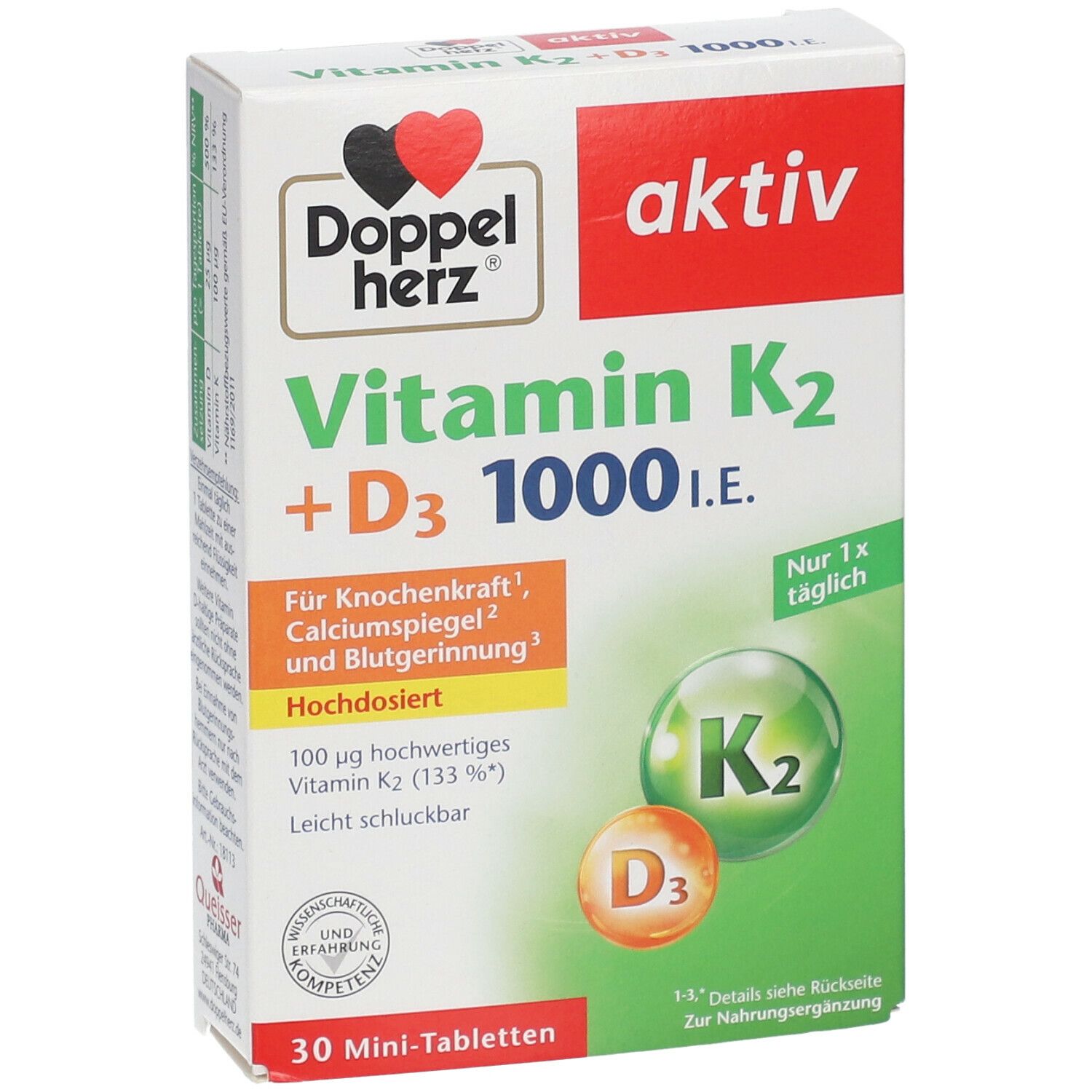 Boîte de Doppelherz aktiv Vitamine K2 + D3 1000 I.E. avec informations sur le produit. 30 mini-comprimés.