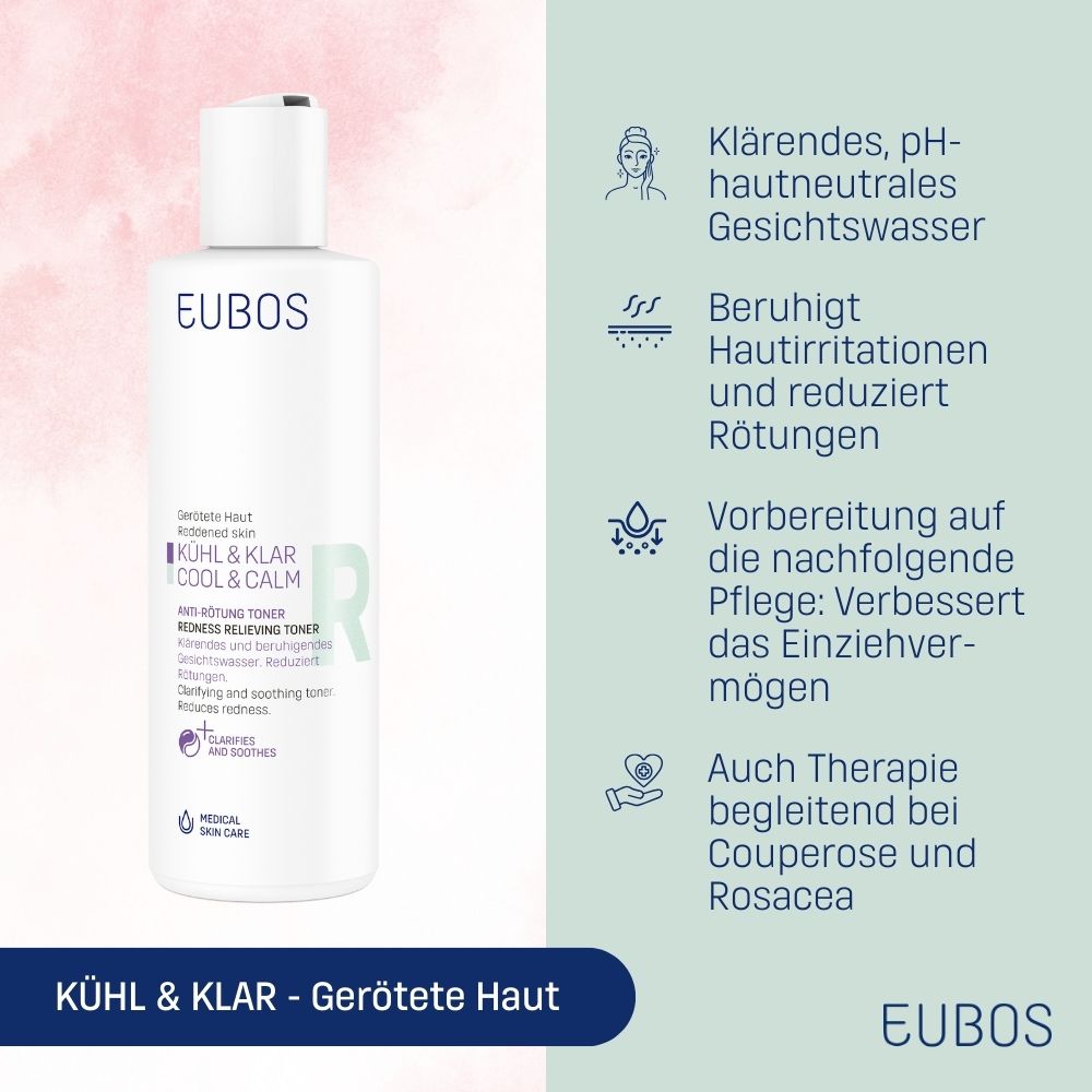 EUBOS KÜHL & KLAR Anti-Rötung Toner. Bouteille avec texte et icônes. Texte : Lotion nettoyante, apaise, améliore les soins.