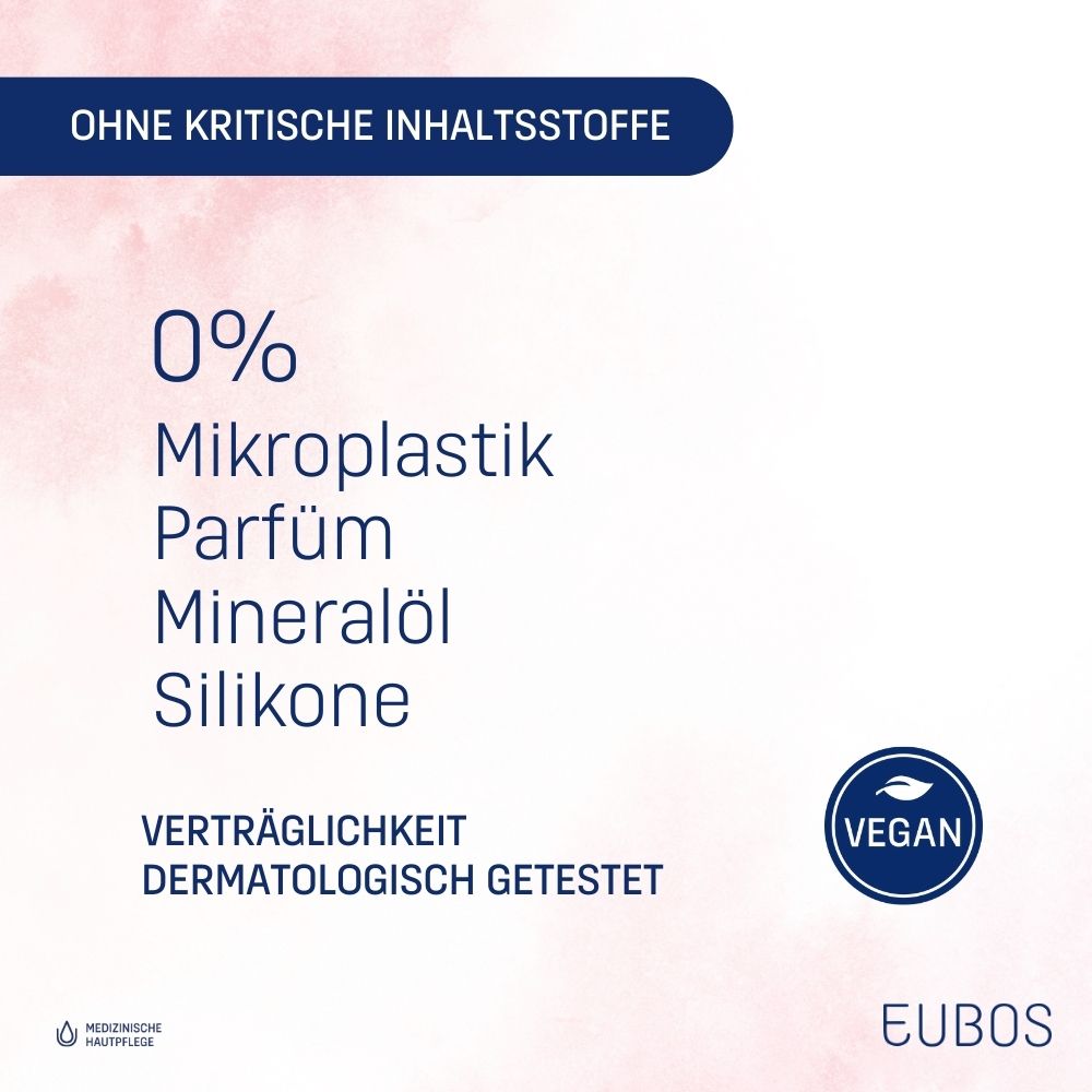 Produit avec texte. Texte : 0% microplastique, parfum, huile minérale, silicones. Label végétalien. Testé dermatologiquement.