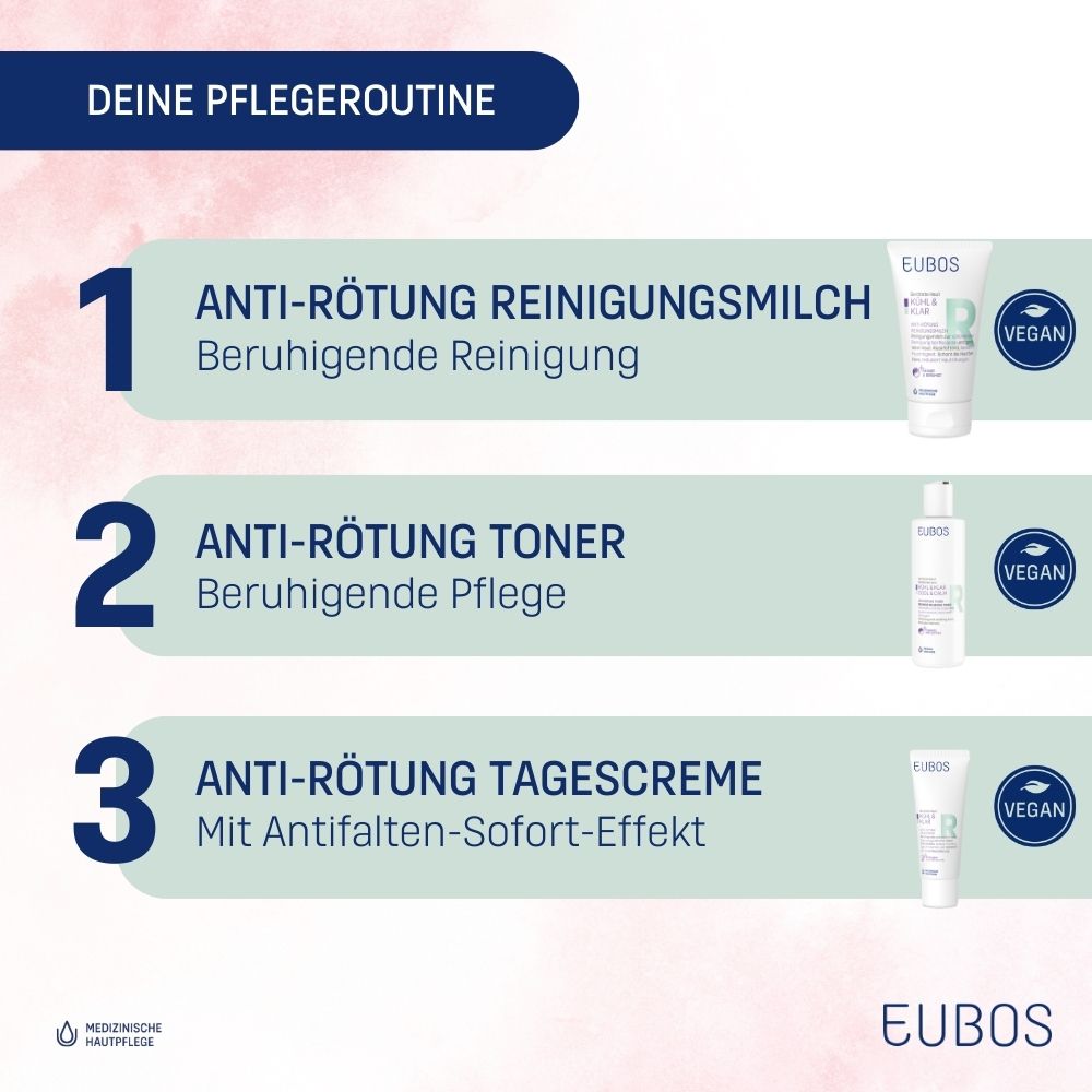 Routine de soins. 3 produits : Lait nettoyant anti-rougeurs, toner, crème de jour. Label végétalien.