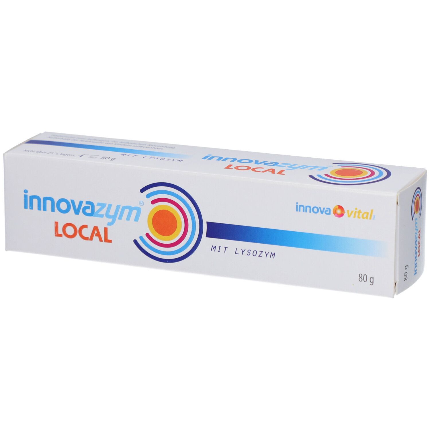 Emballage blanc avec nom et logo du produit. Contient le texte 'MIT LYSOZYM' et '80 g'.