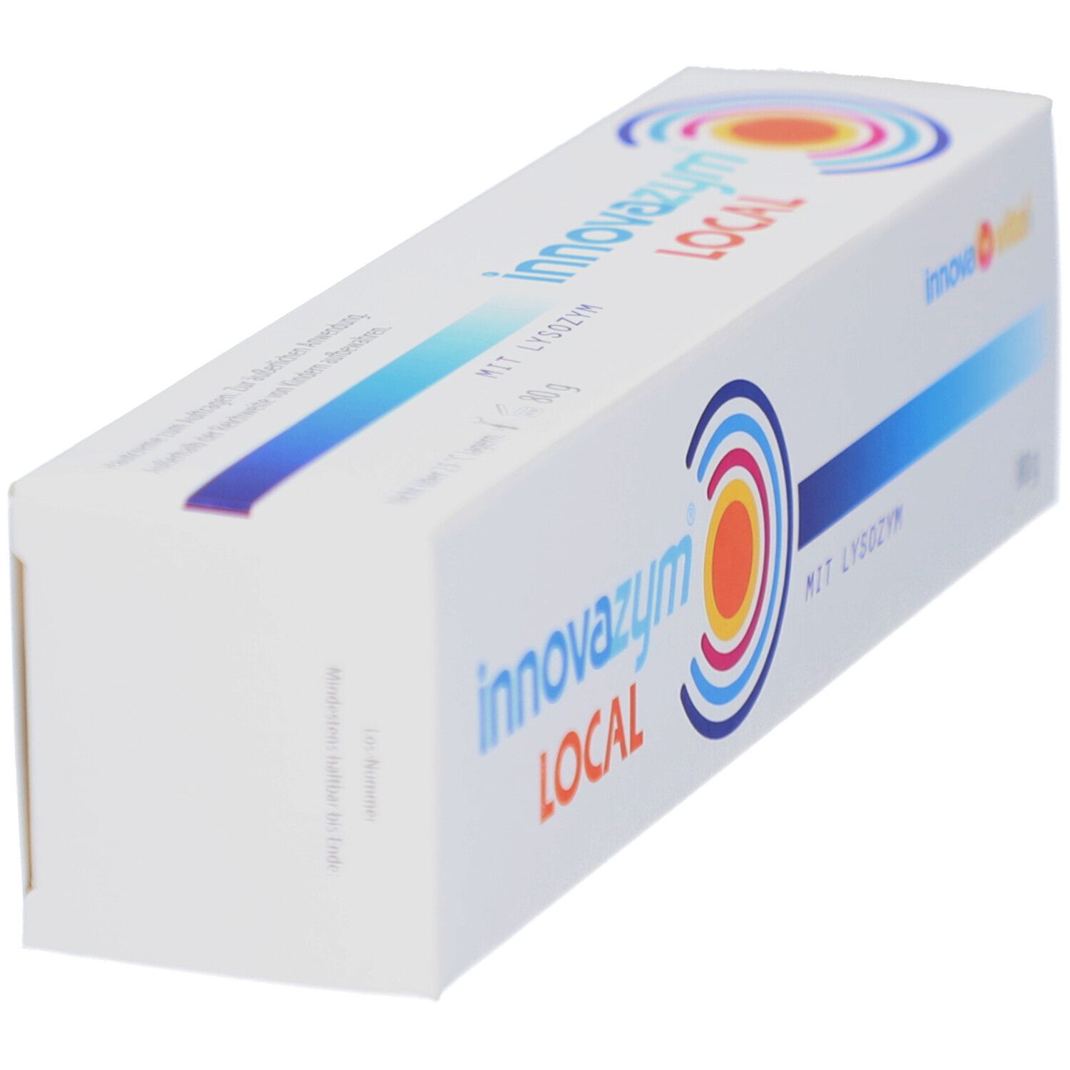 Emballage blanc incliné avec nom et logo du produit. Texte 'MIT LYSOZYM' visible.
