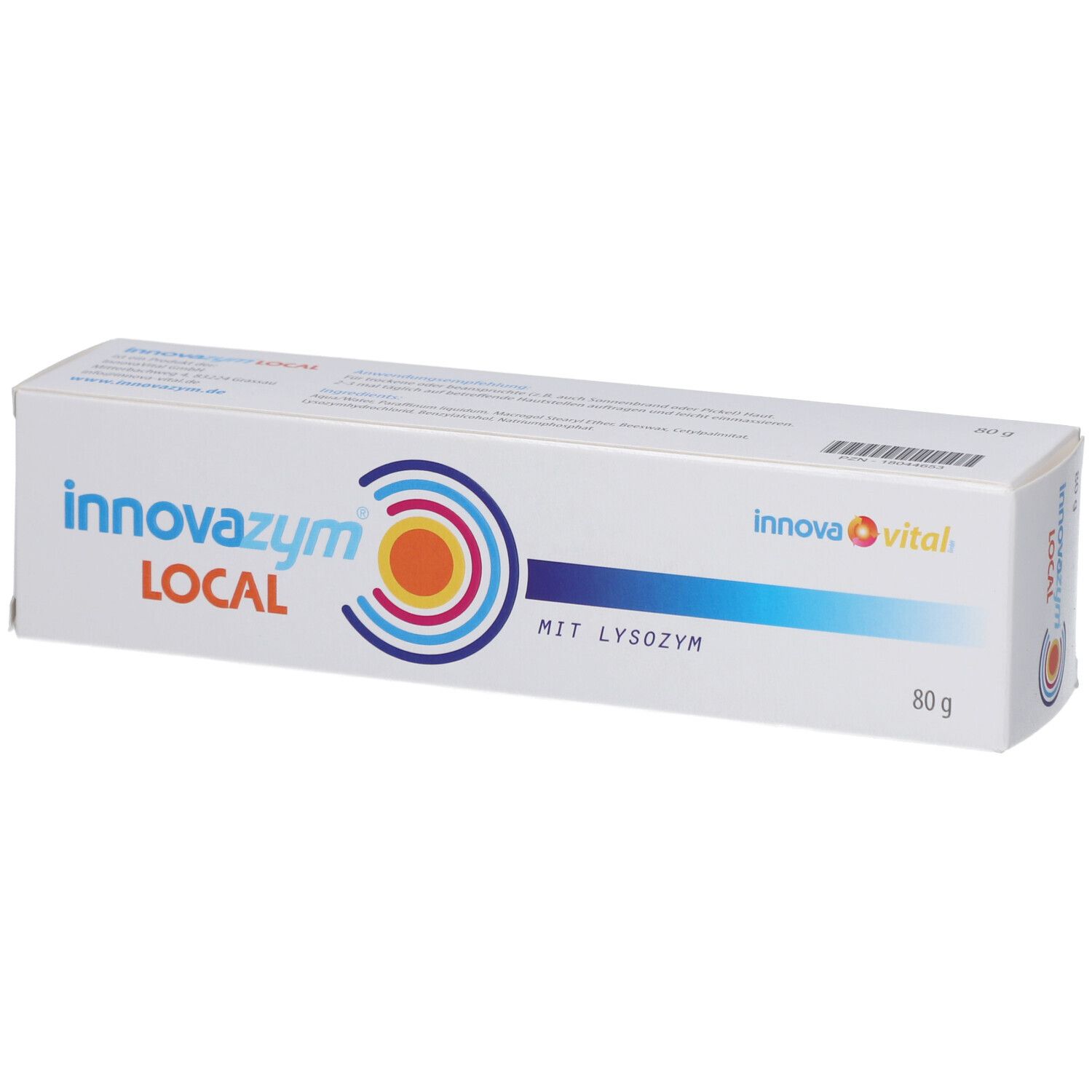 Emballage blanc avec nom et logo du produit. Texte 'MIT LYSOZYM' et '80 g' visibles.