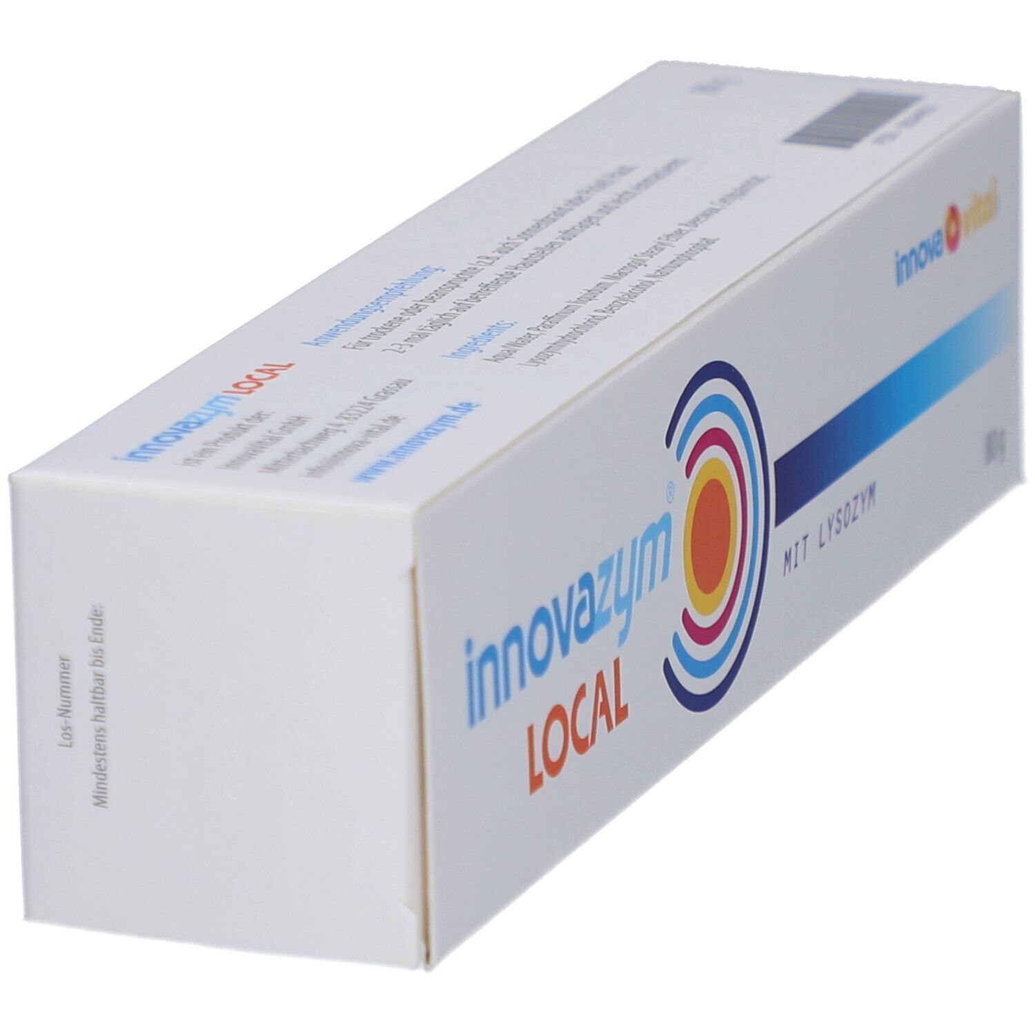 Emballage blanc incliné avec nom et logo du produit. Texte 'MIT LYSOZYM' visible.