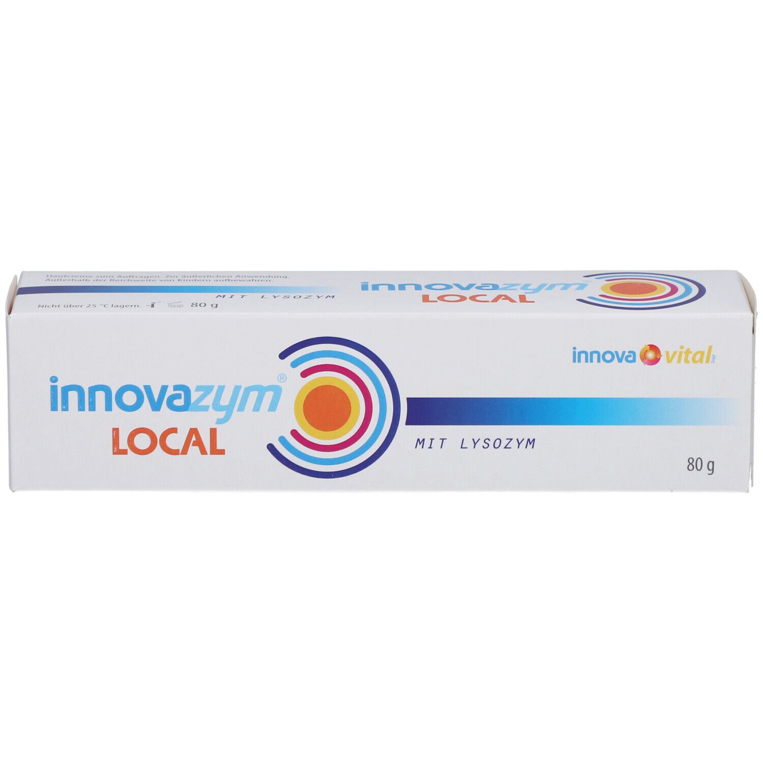 Emballage blanc avec nom et logo du produit. Texte 'MIT LYSOZYM' et '80 g' visibles.