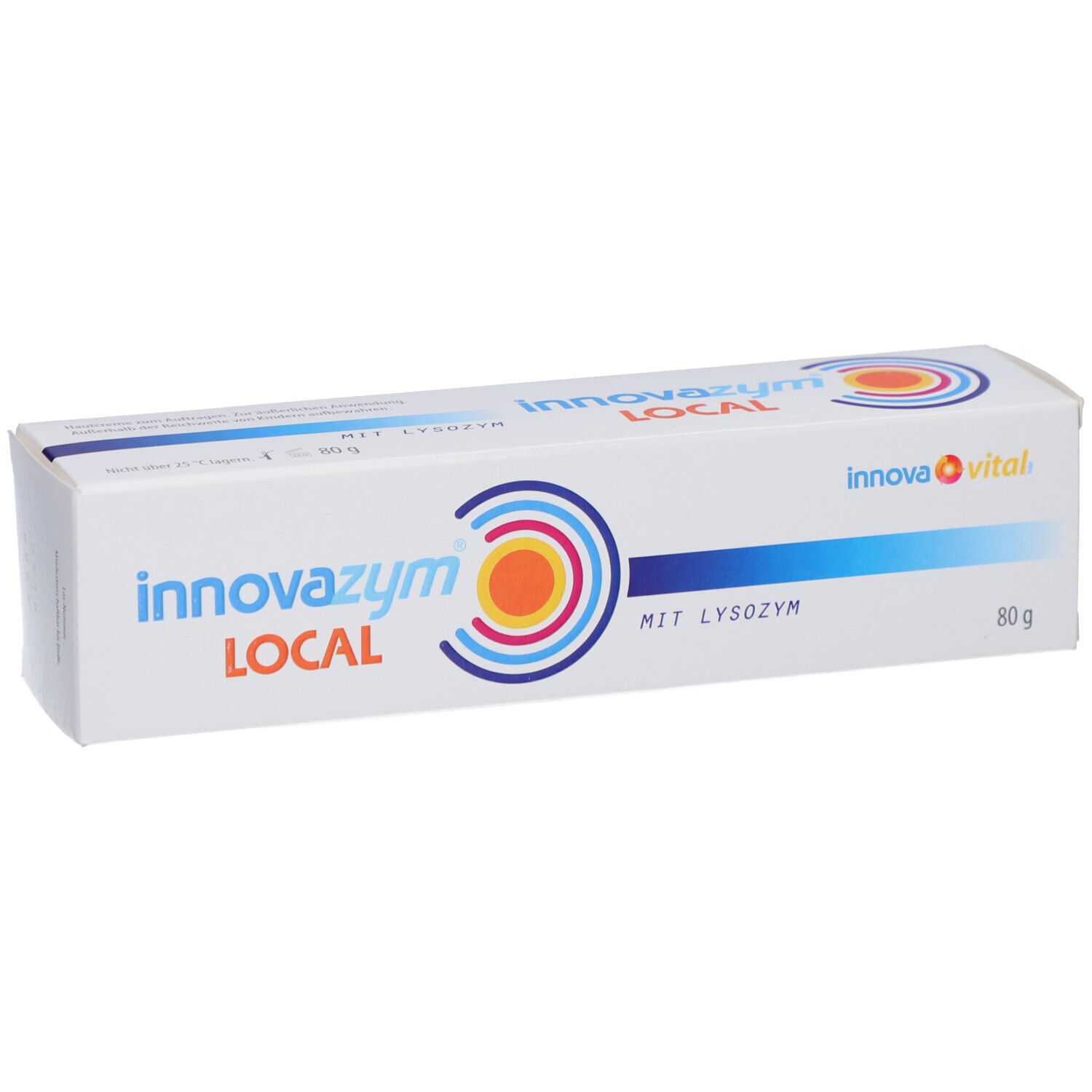 Emballage blanc avec nom et logo du produit. Texte 'MIT LYSOZYM' et '80 g' visibles.