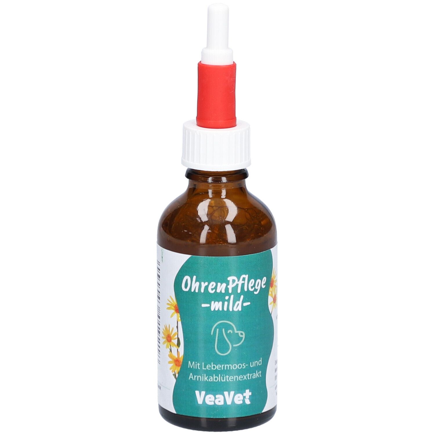 Braune Glasflasche mit weißem und rotem Applikator. Etikett mit Text: OhrenPflege mild, Hund, VeaVet.