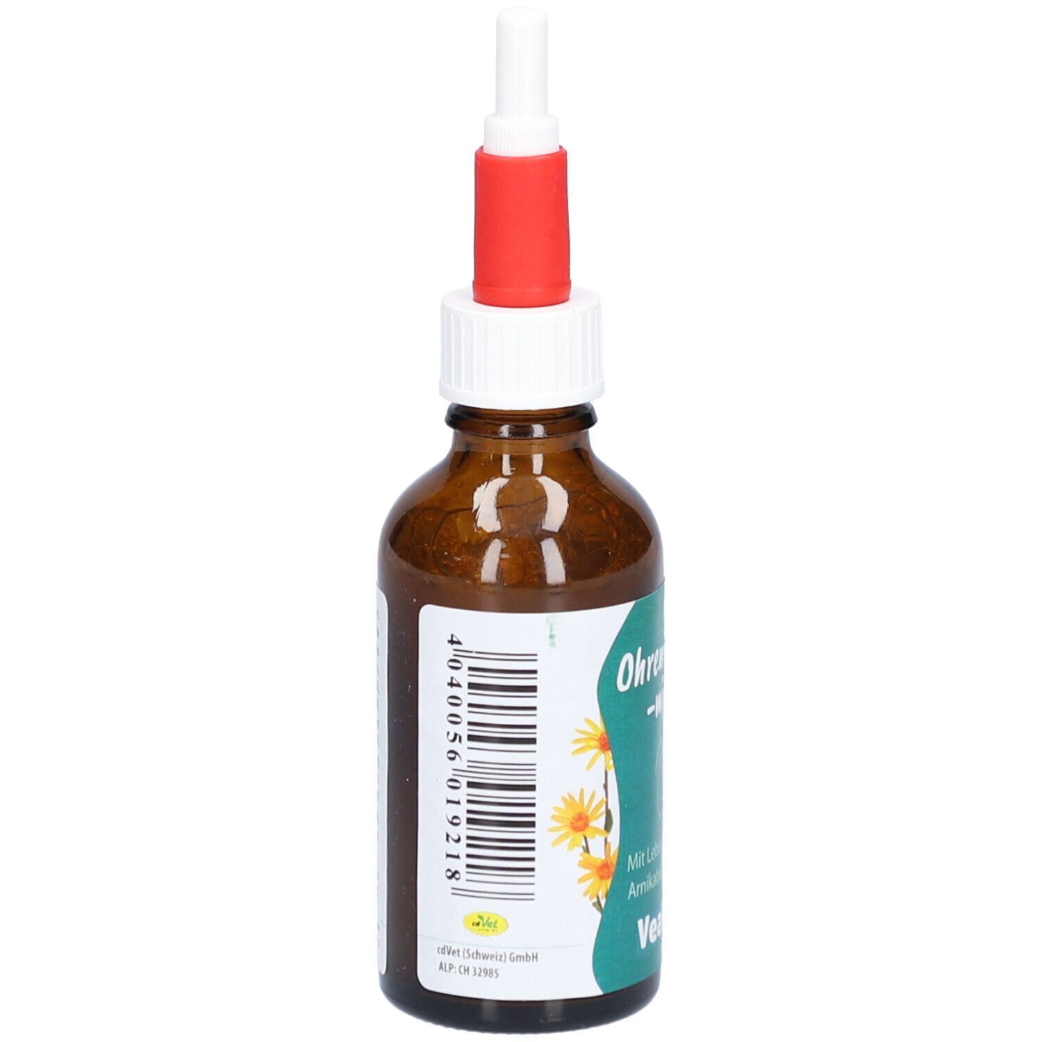 Braune Glasflasche mit weißem und rotem Applikator. Rückseite mit Barcode und Text.