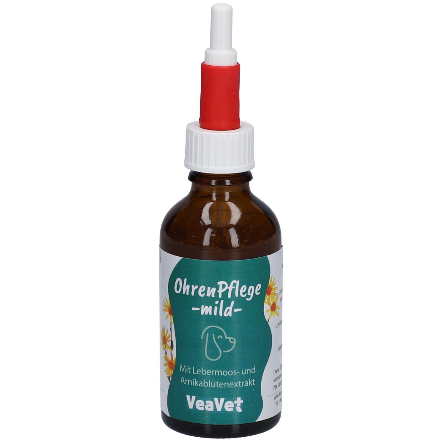 Braune Glasflasche mit weißem und rotem Applikator. Etikett mit Text: OhrenPflege mild, Hund, VeaVet.