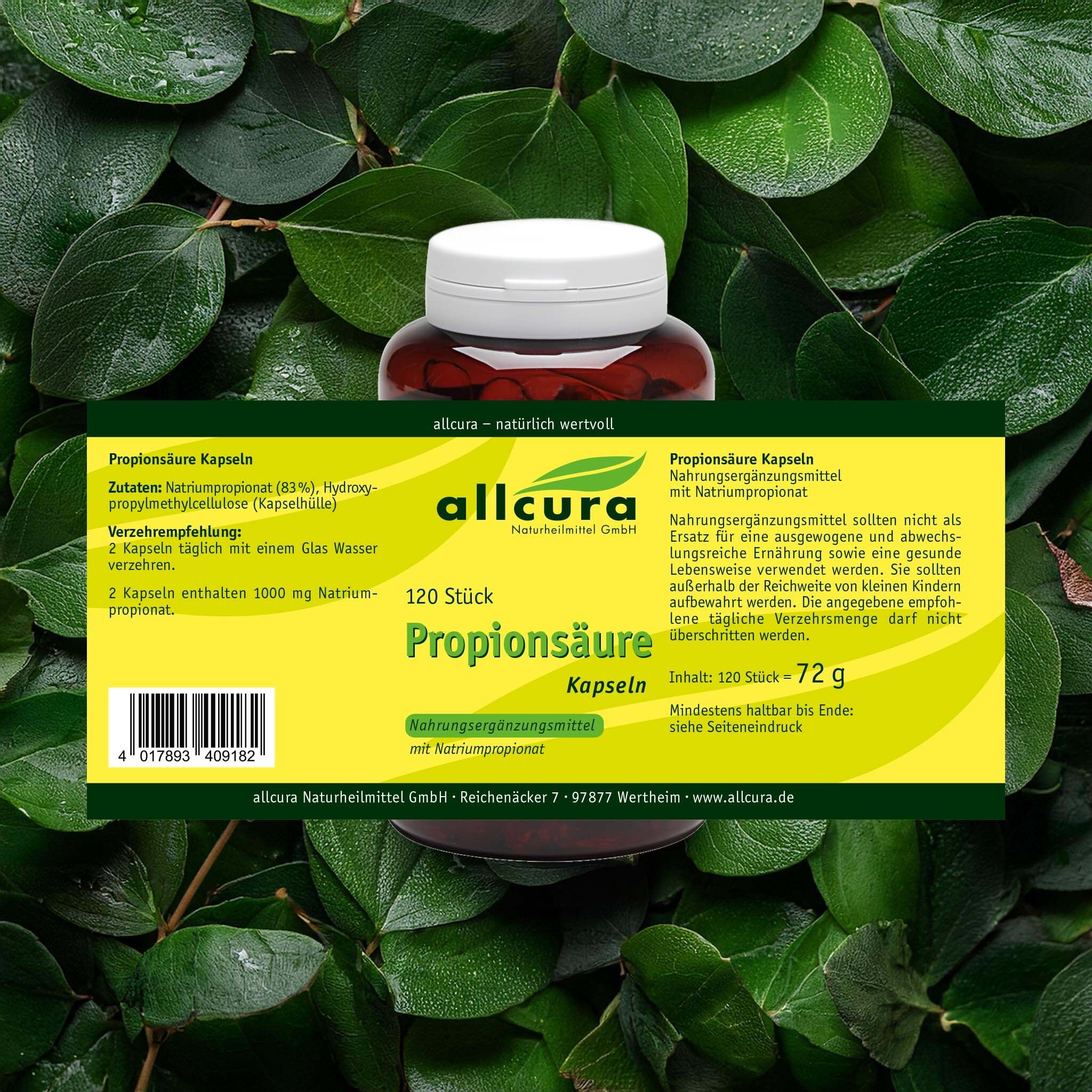Flacon brun avec bouchon blanc. Étiquette jaune avec "allcura Propionsäure Kapseln". 120 pièces. Fond: feuilles.