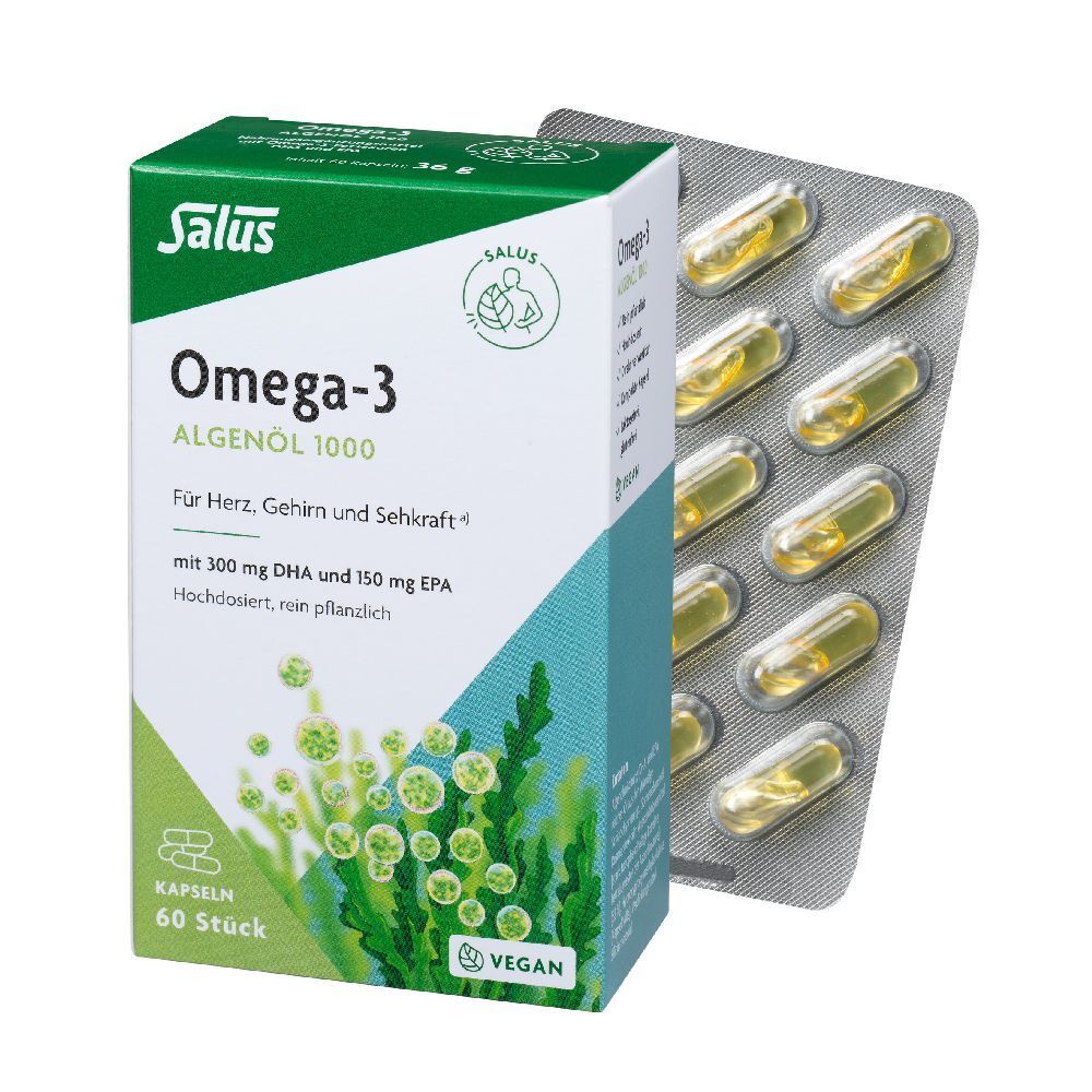 Boîte Salus Omega-3 Algenöl 1000. Capsules et blister. 60 pièces. Vegan.