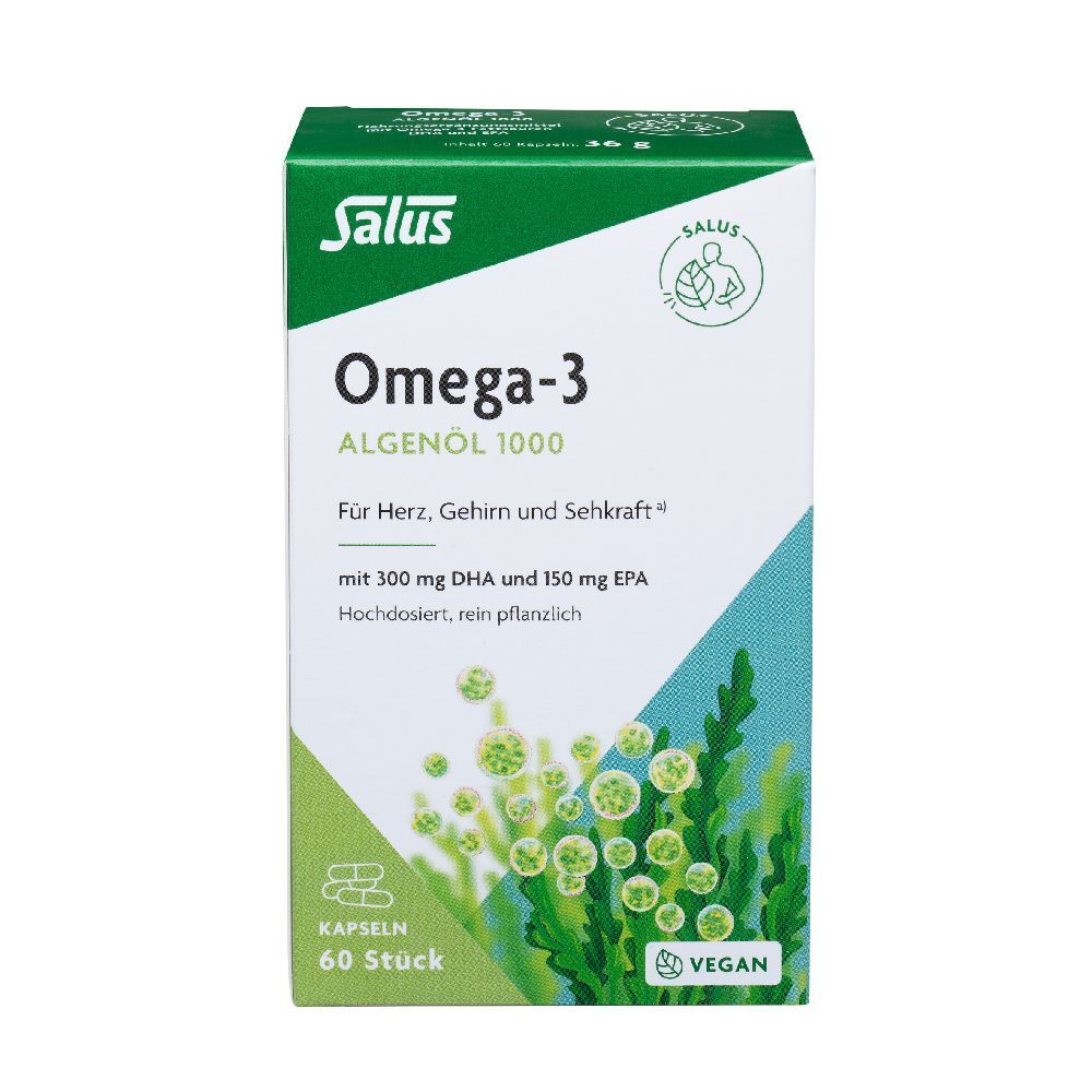 Boîte Salus Omega-3 Algenöl 1000. Blanc et vert. 60 capsules. Vegan.