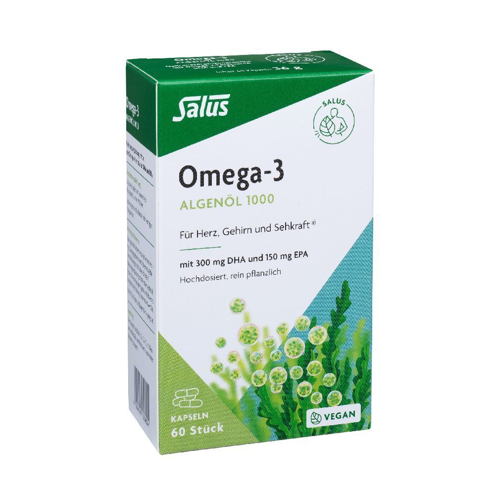 Boîte Salus Omega-3 Algenöl 1000. Blanc et vert. 60 capsules. Vegan.